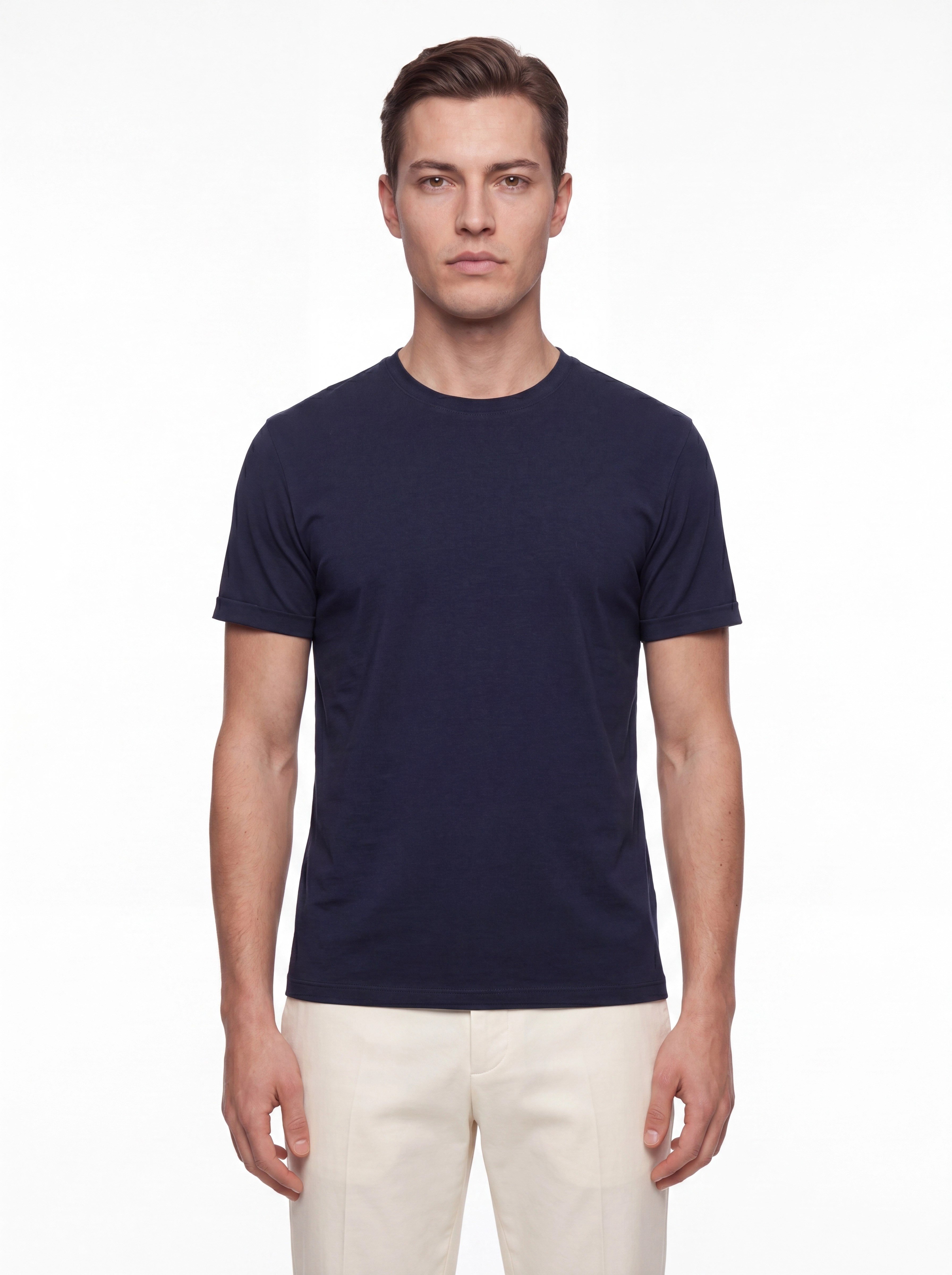 Comfort Fit Pamuklu Bisiklet Yaka Lacivert Tişört TS 929