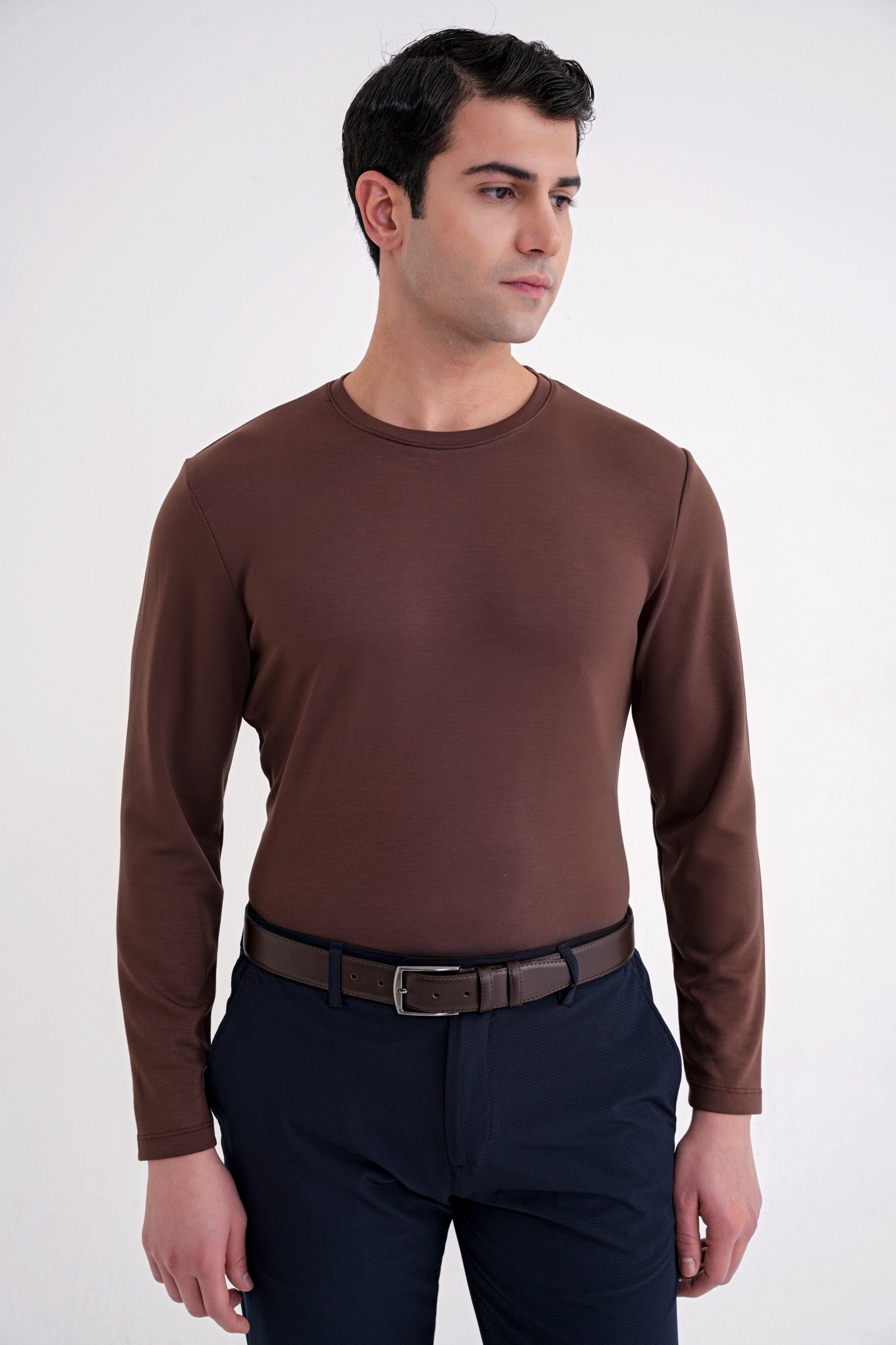 Comfort Fit Pamuklu Bisiklet Yaka Uzun Kollu Kakao Tişört TS 892