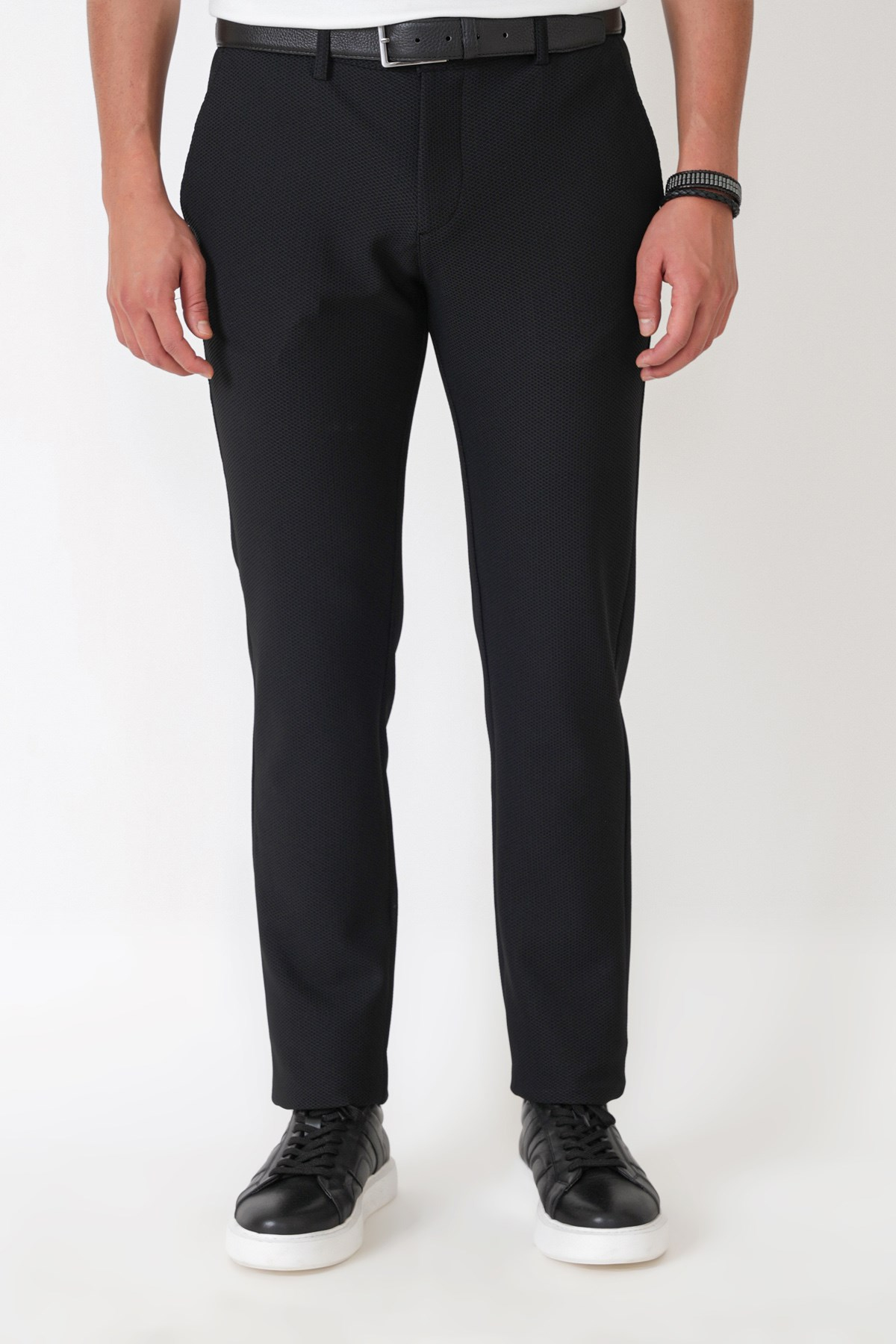 Comfort Fit Petek Dokuma Esnek Pamuklu Siyah Pantolon P 1230