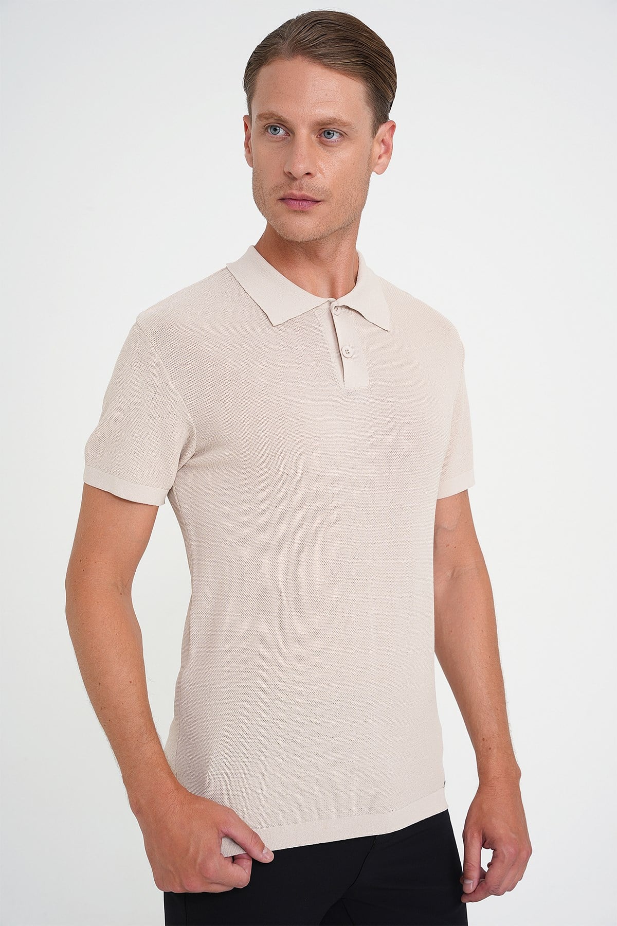 Comfort Fit Polo Yaka Kısa Kollu Bej Triko Tr 883