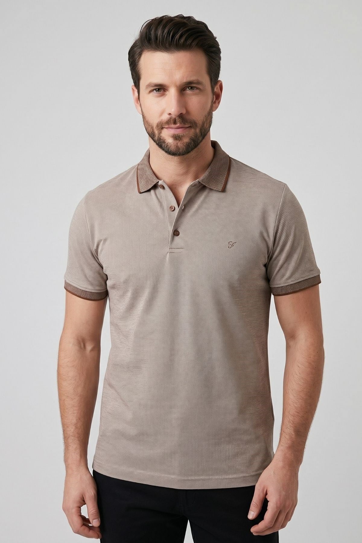 Comfort Fit Rahat Kalıp %100 Pamuk Kıvrılmaz Yaka Ekru-Vizon Polo Yaka Tişört TS 931