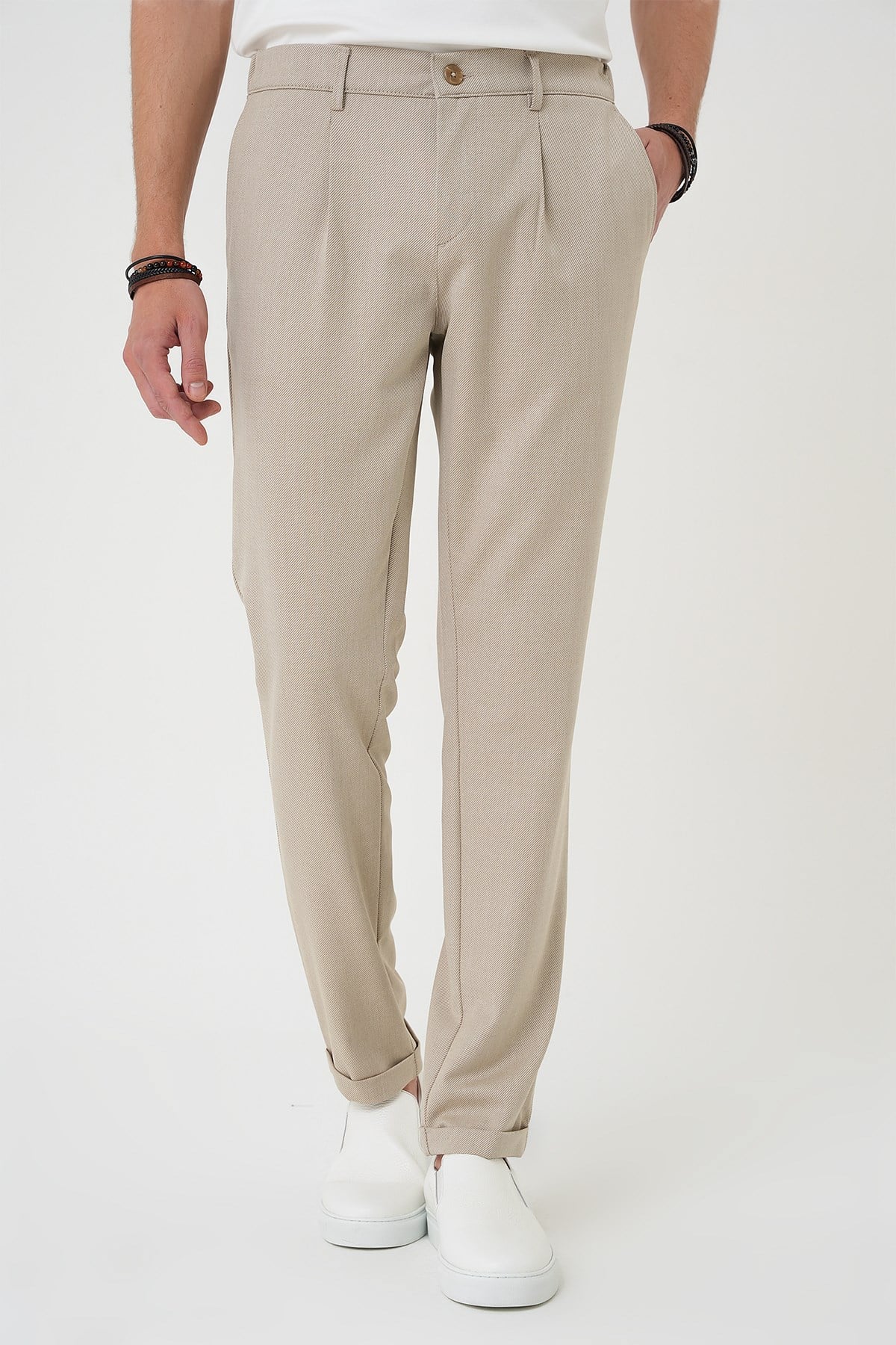 Comfort Fit Rahat Kalıp Beli Lastikli Pileli Bej Jogger Pantolon  P 1182
