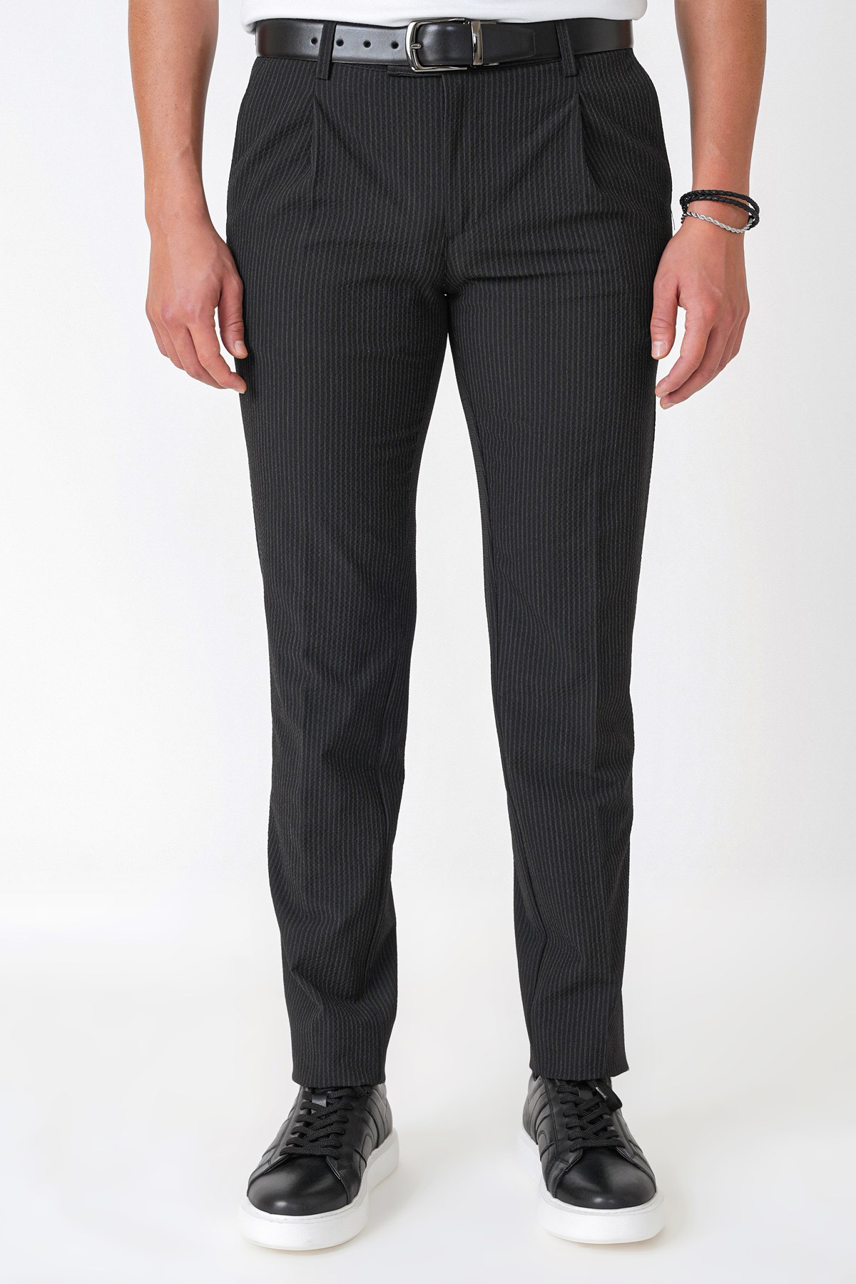 Comfort Fit Rahat Kalıp Pileli Esnek Pamuklu Çizgili Koyu Siyah Jogger Pantolon P 1218