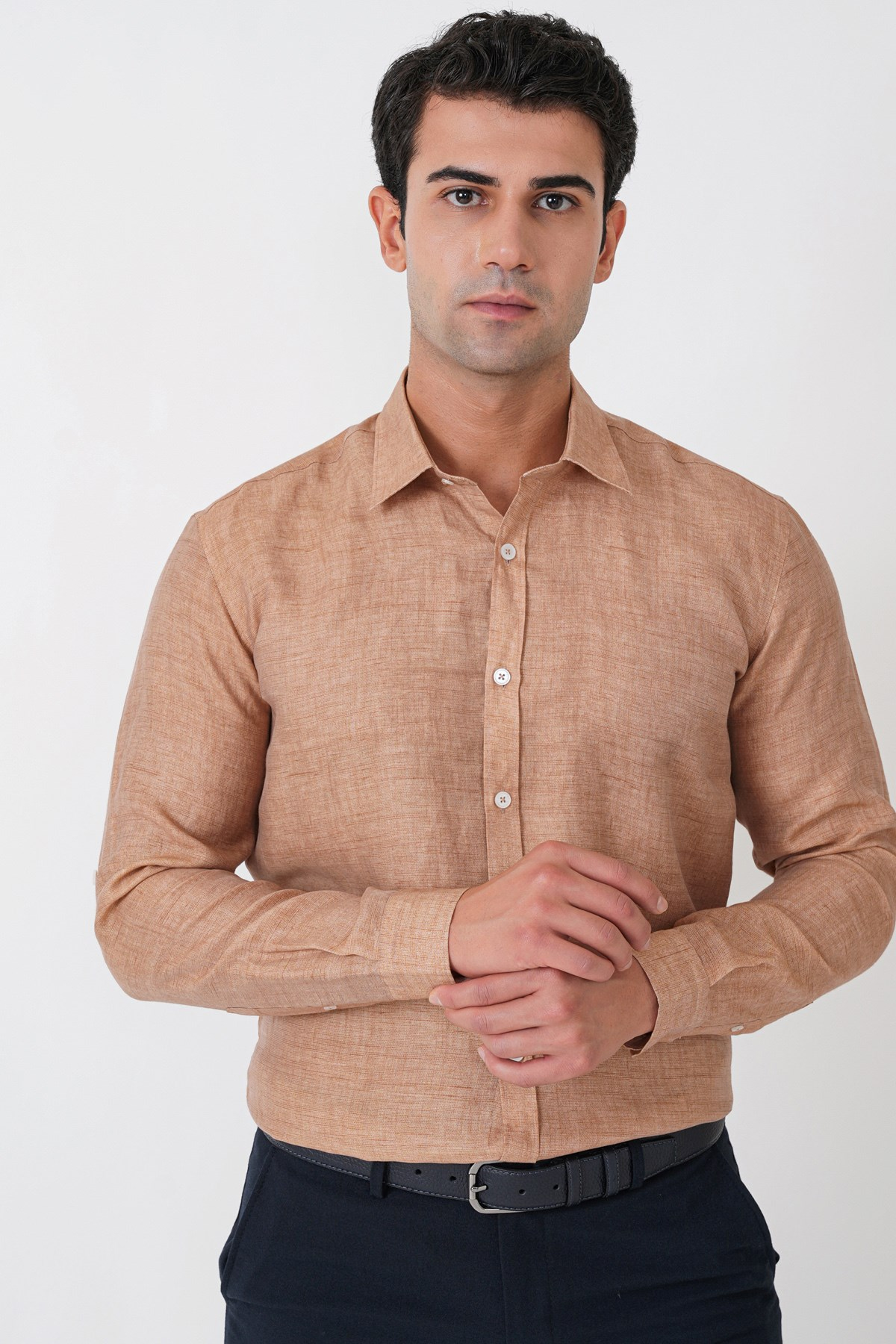 Comfort Fit Spor Yaka Kolu Katlanabilir Caramel Keten Gömlek G 1612