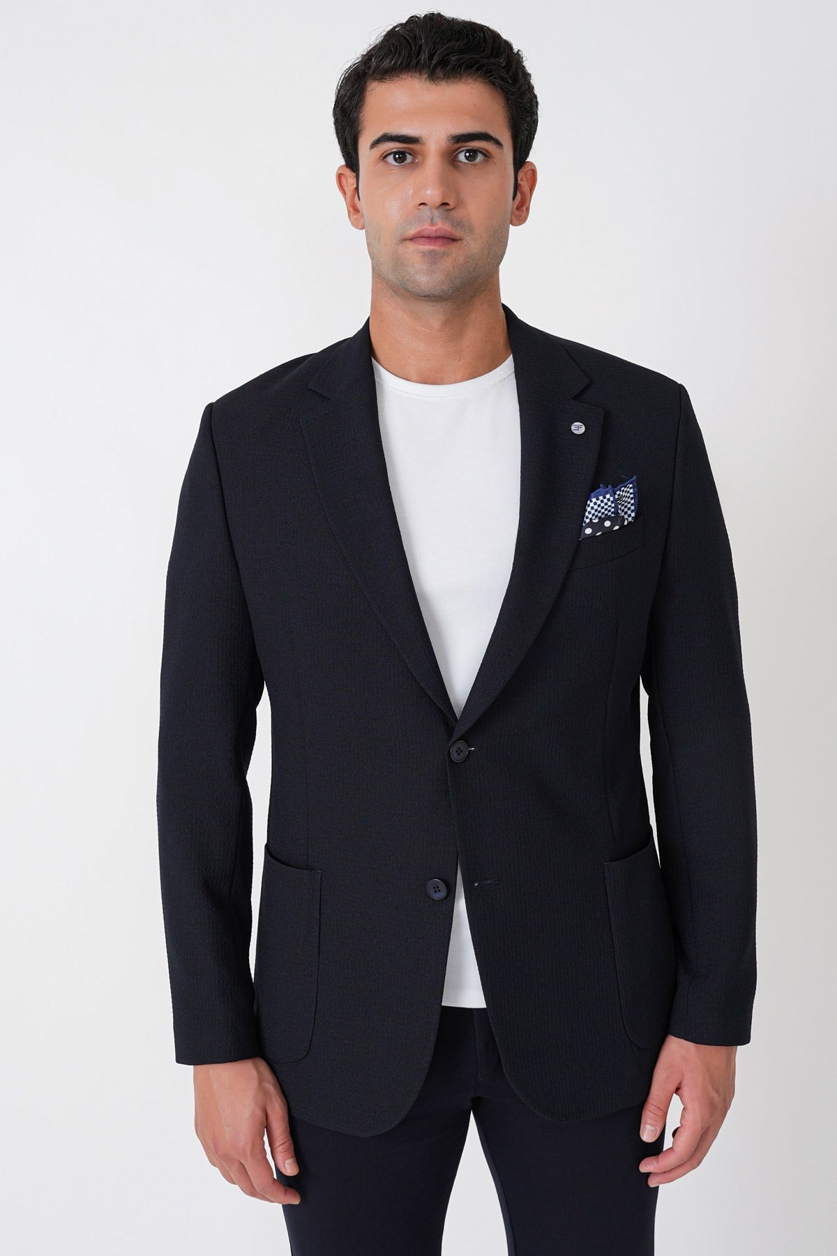 Comfort Fit Torba Cep Gofre Kumaş Esnek Pamuklu Lacivert Blazer Ceket C 739