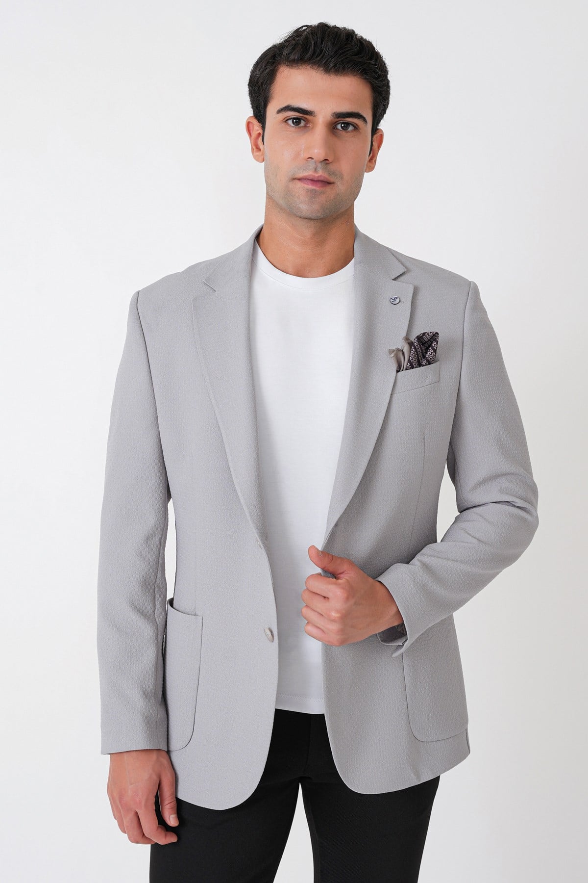 Comfort Fit Torba Cep Gofre Kumaş Esnek Pamuklu Gri Blazer Ceket C 739