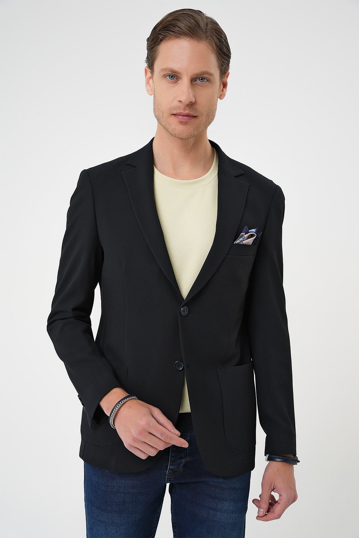 Comfort Fit Torba Cep Gofre Kumaş Koyu Lacivert Blazer Ceket C 679