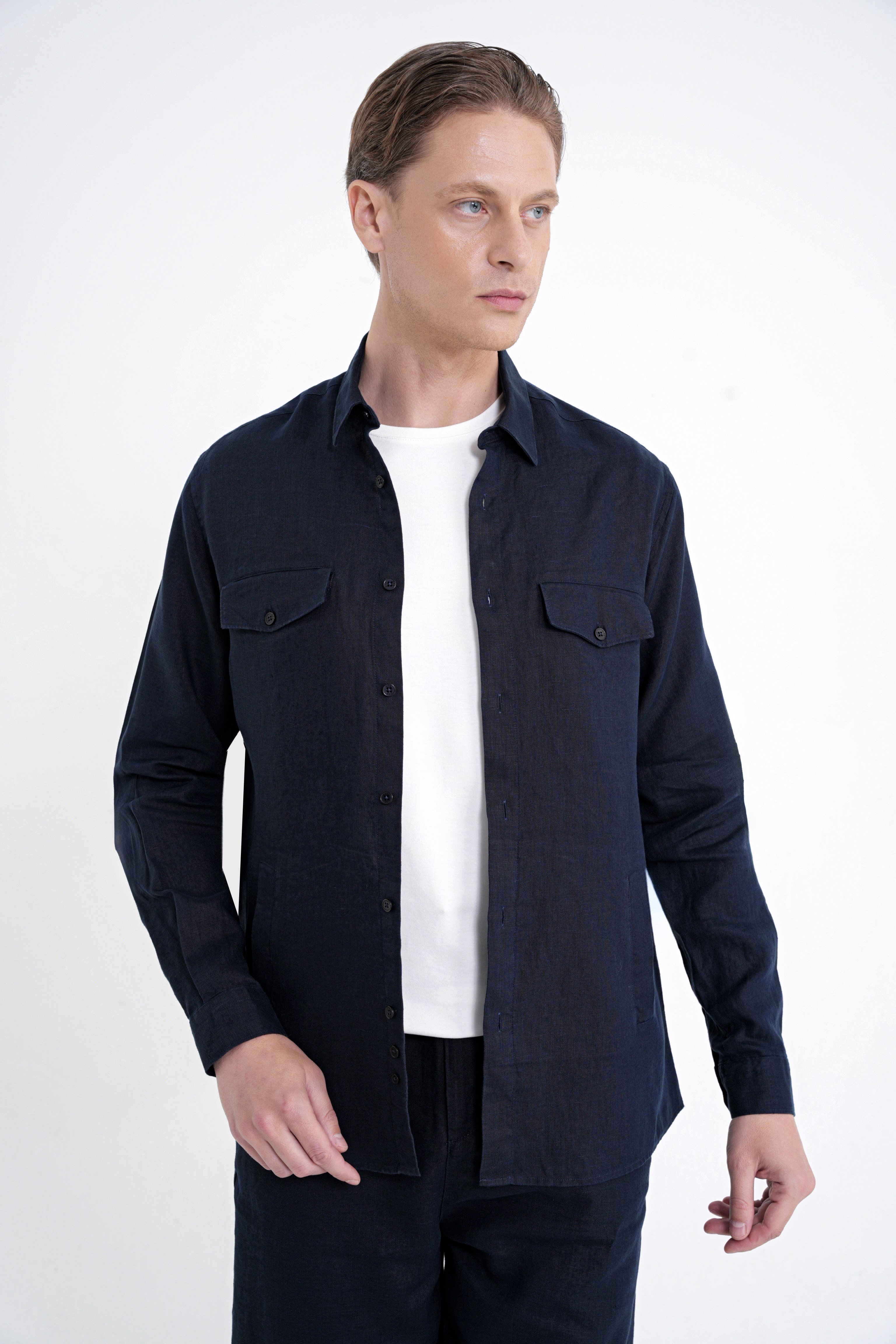 Comfort Fit Yan Cepli %100 Keten Lacivert Gömlek Ceket G 1602