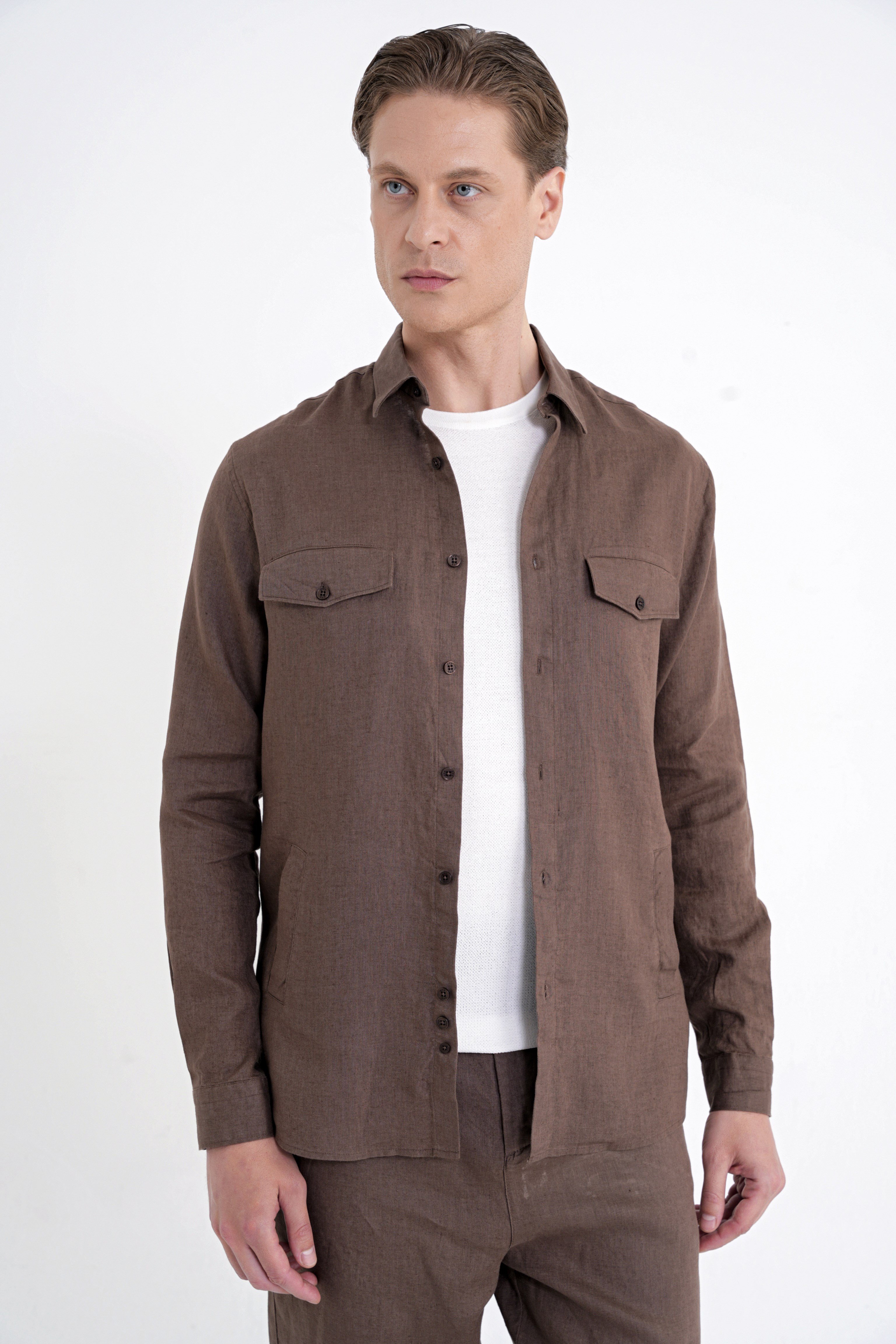 Comfort Fit Yan Cepli %100 Keten Vizon Gömlek Ceket G 1602