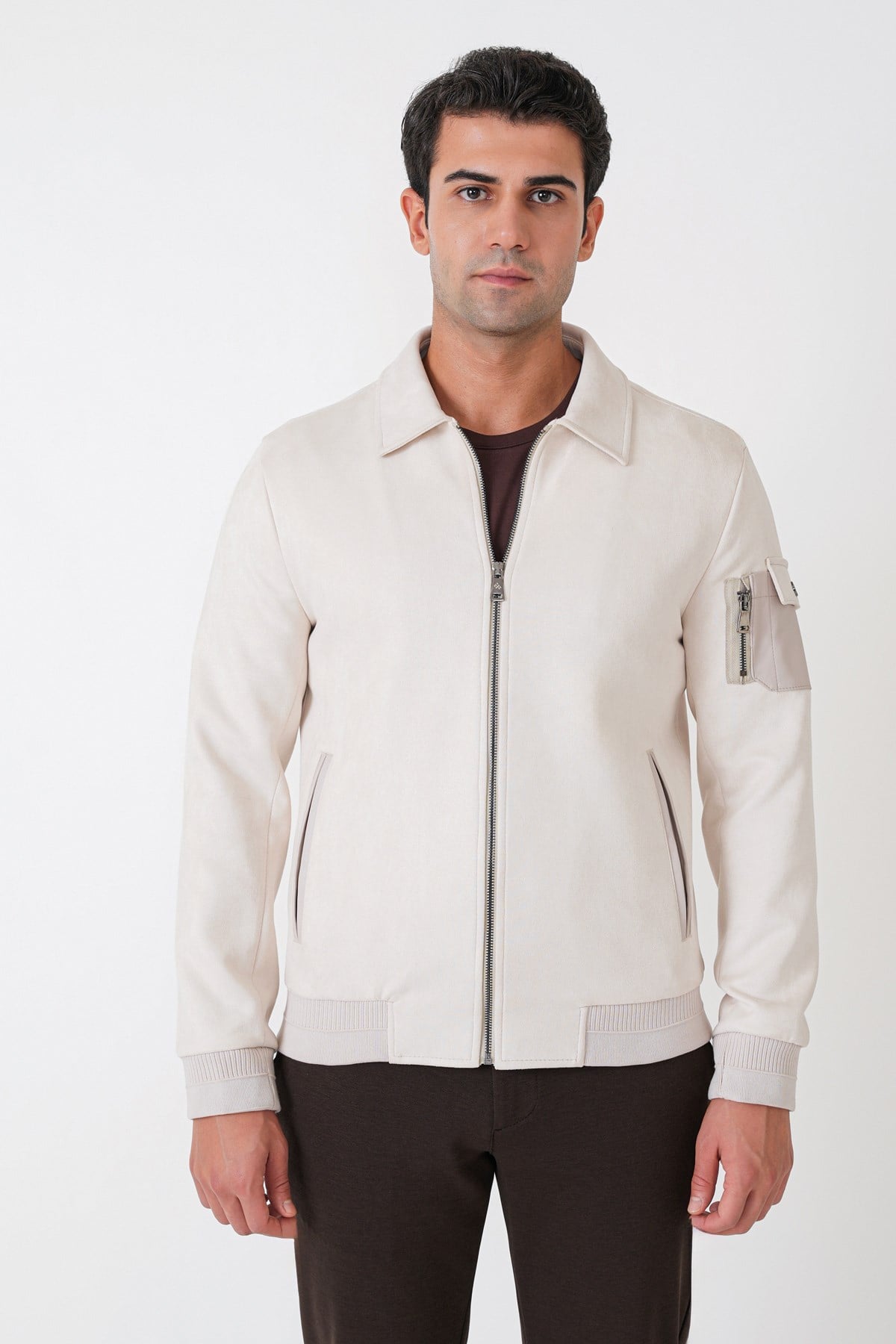 Comfort Fit Yandan Cepli Kol Etek Ribanalı Açık Bej Süet Mont MT 182