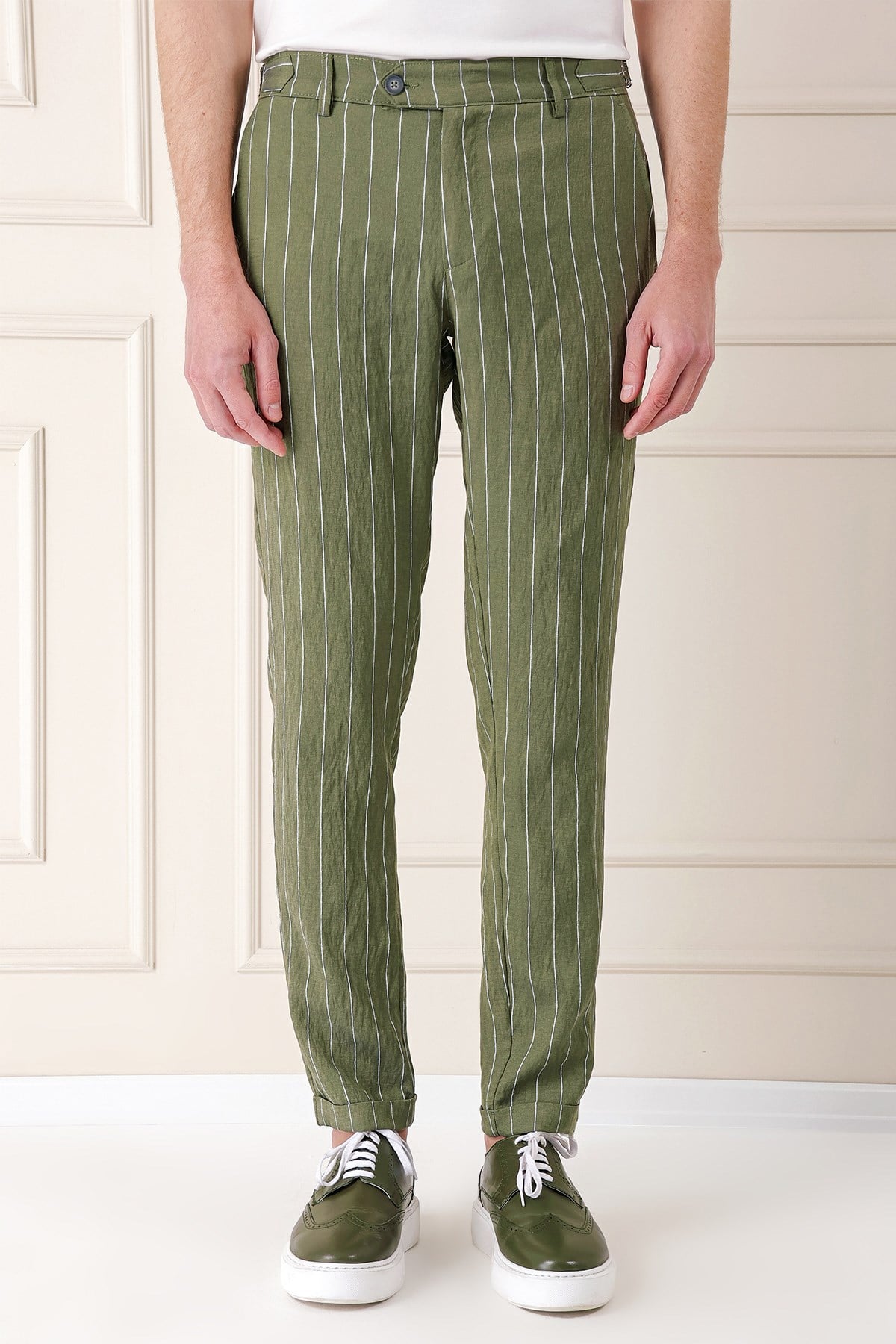 Comfort Fit Yandan Tokalı Çizgili Keten Haki Pantolon P 1151