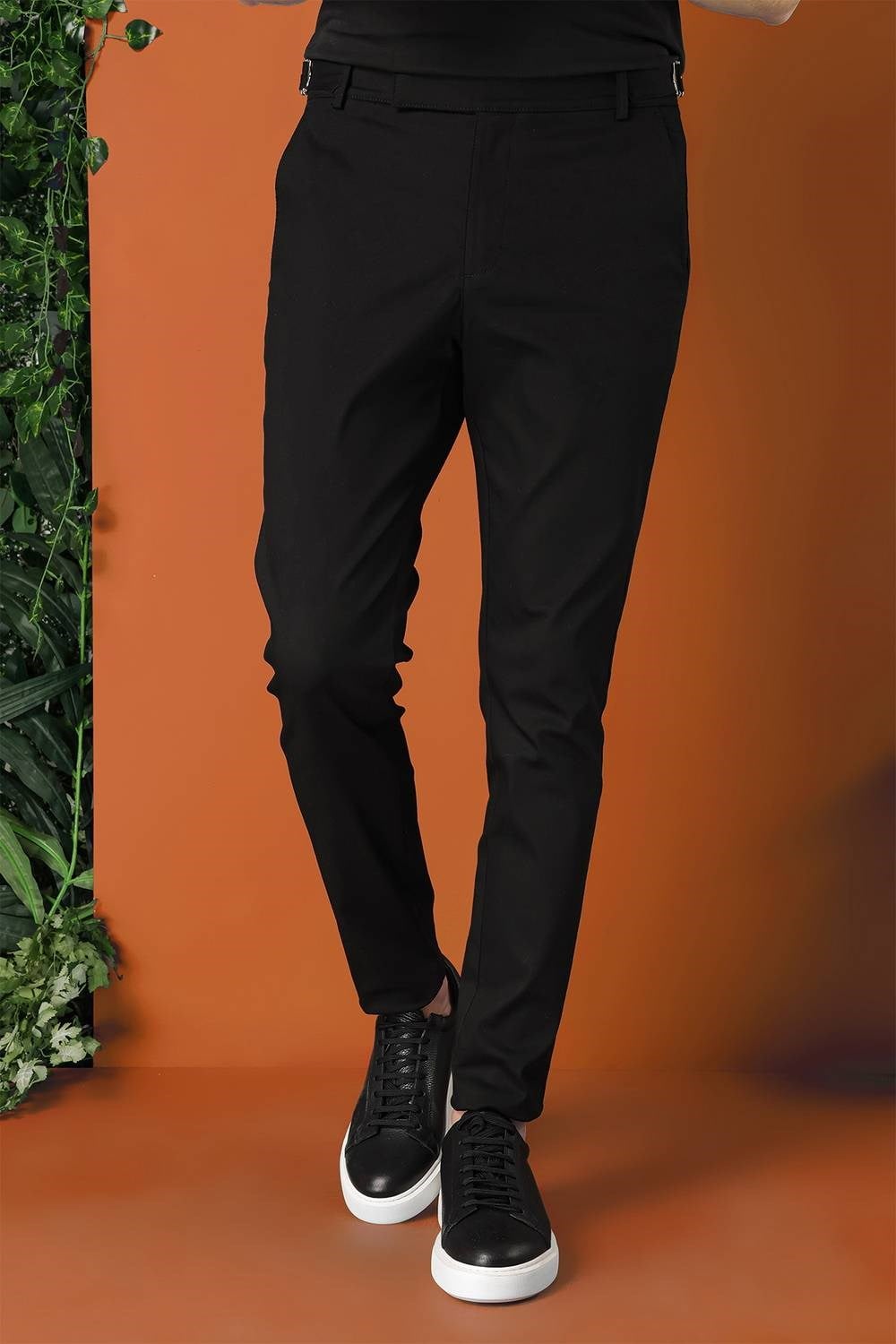 Comfort Fit Yandan Tokalı Düz Esnek Pamuk Siyah Pantolon P 1152