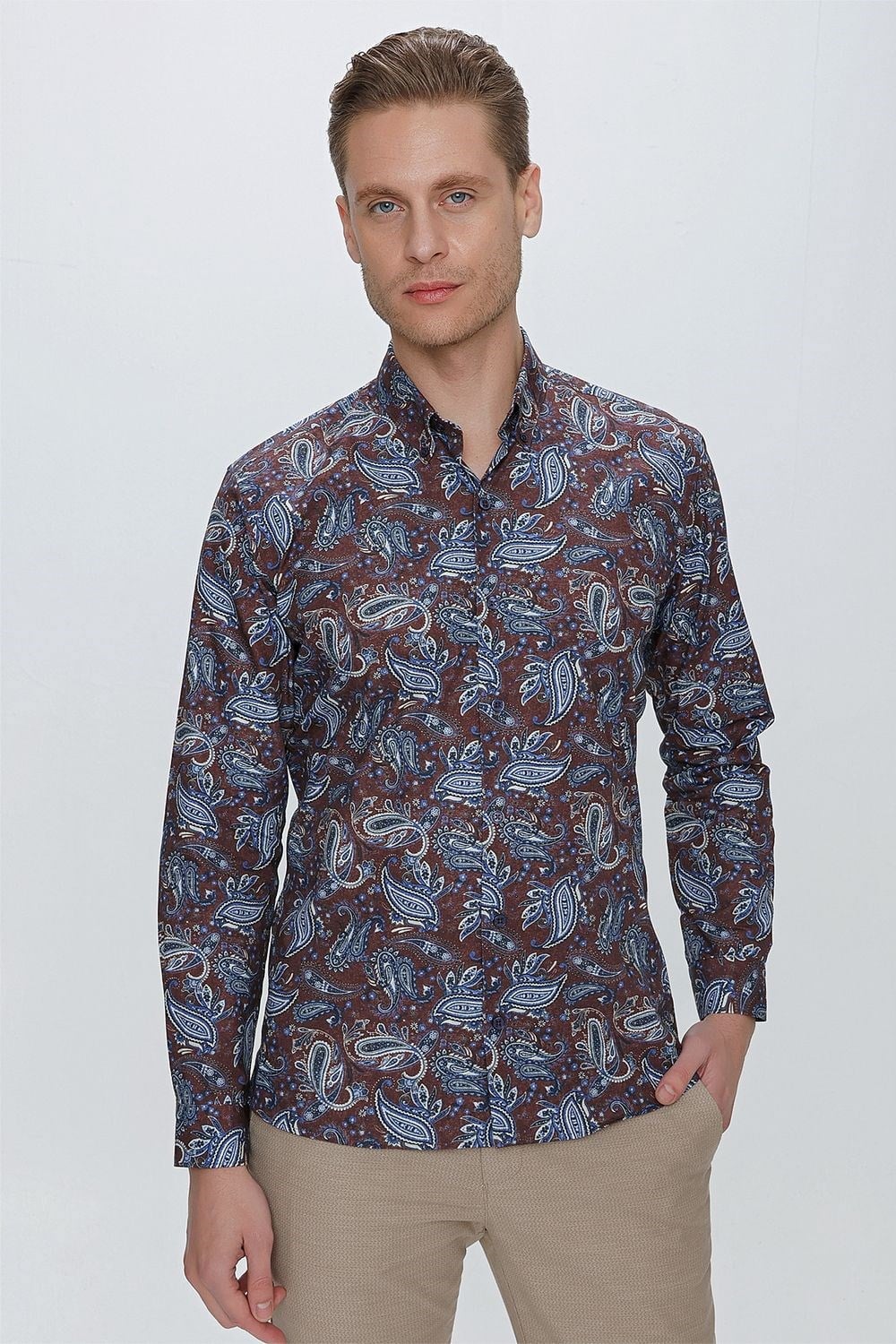 G 1531 Slim Fit Kahve Spor Gömlek