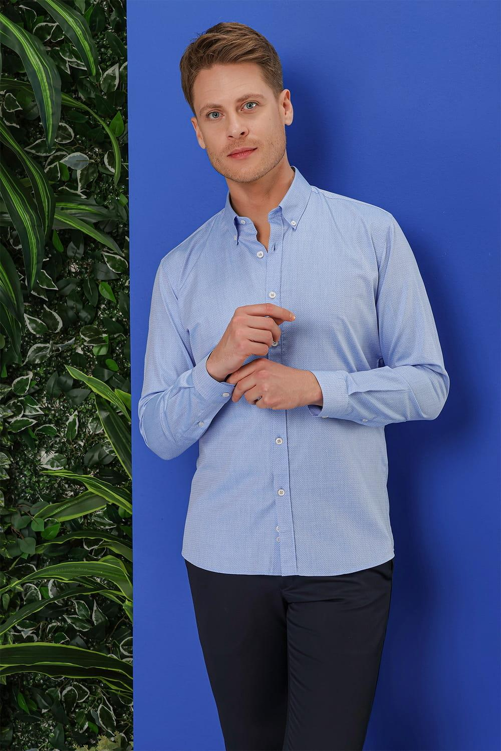 GK 678 Slim Fit Mavi Klasik Gömlek