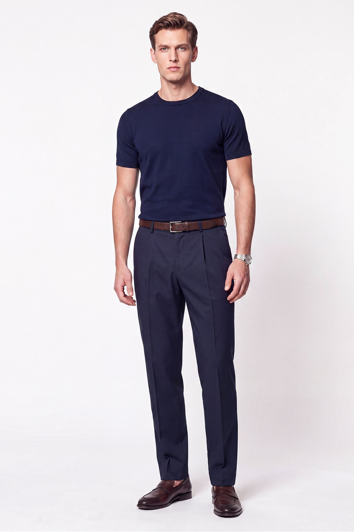 Oversize Kalıp Yan Cep Esnek Pamuklu Çift Pileli Lacivert Pantolon P 1213