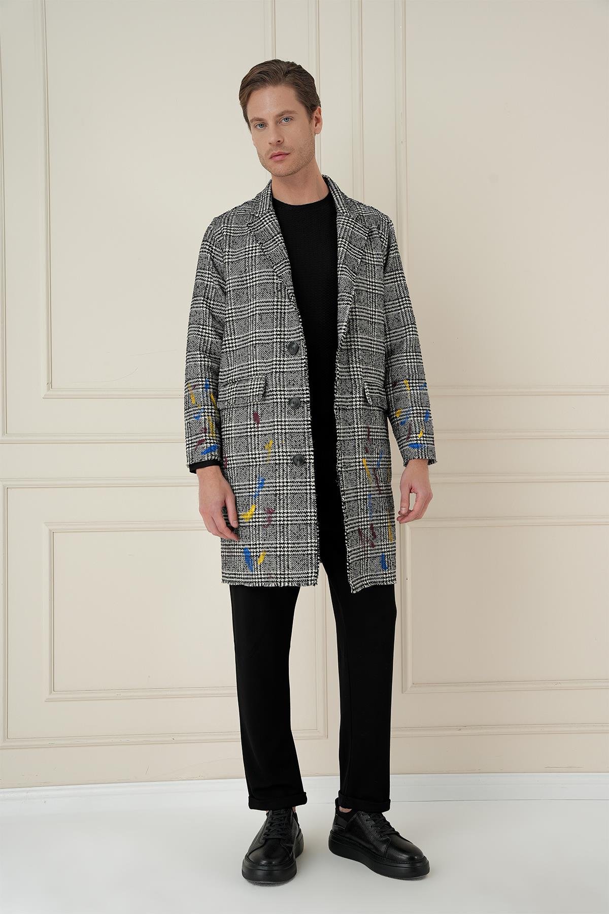 PLT 086 Slim Fit Siyah-Beyaz Spor Palto