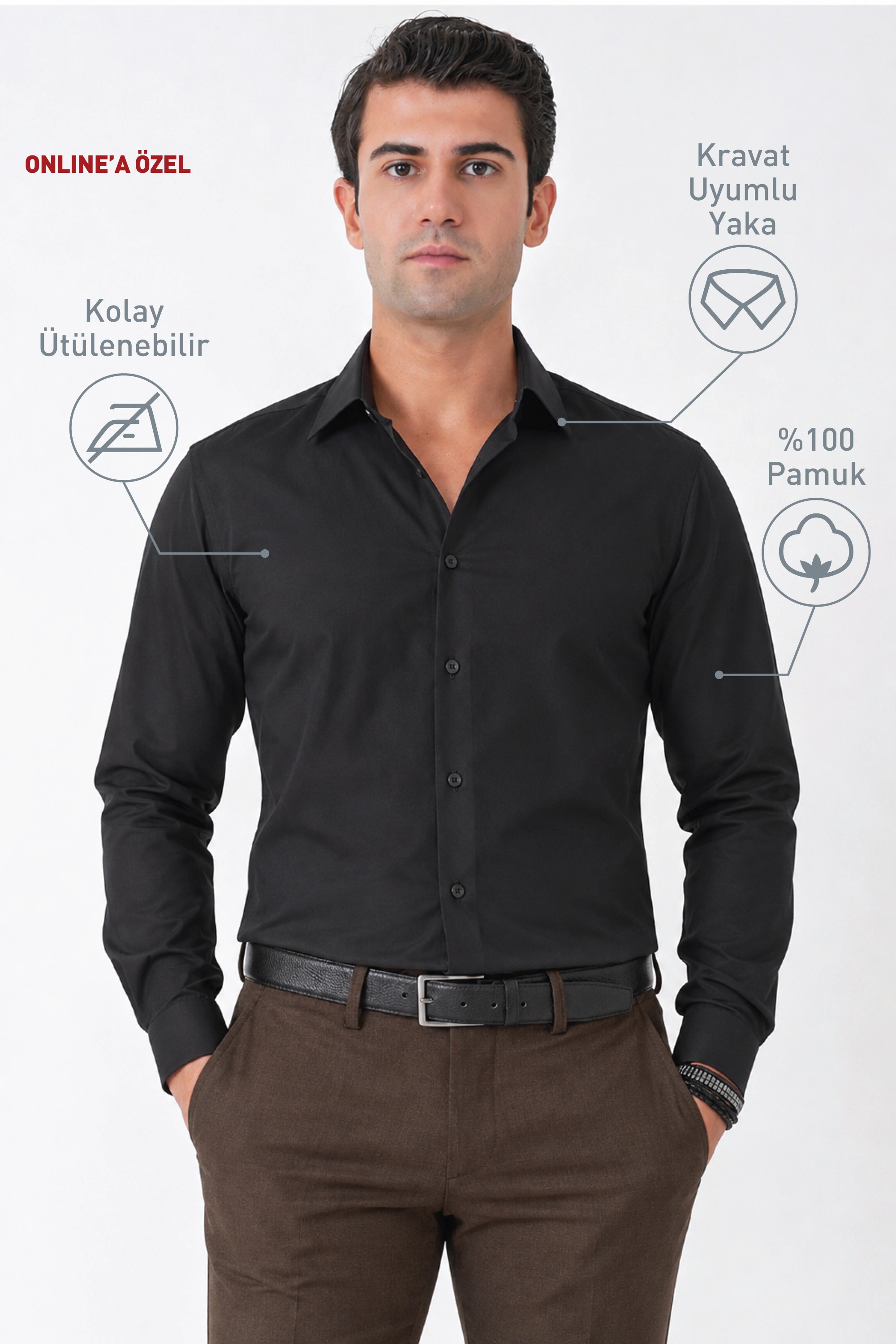 Siyah %100 Pamuklu Nefes Alabilir Kolay Ütülenebilir Uzun Kollu Slim Fit Gömlek GK 766