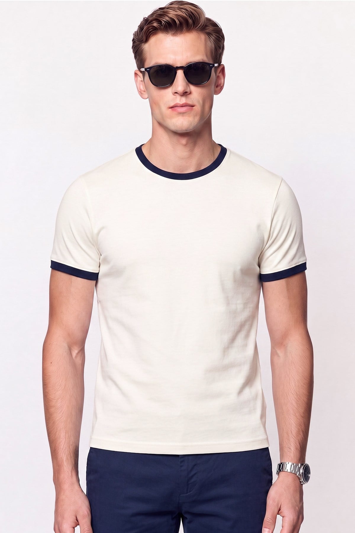 Slim Bisiklet Yaka Düz  EKRU-LACİVERT  TS 932  T-SHIRT