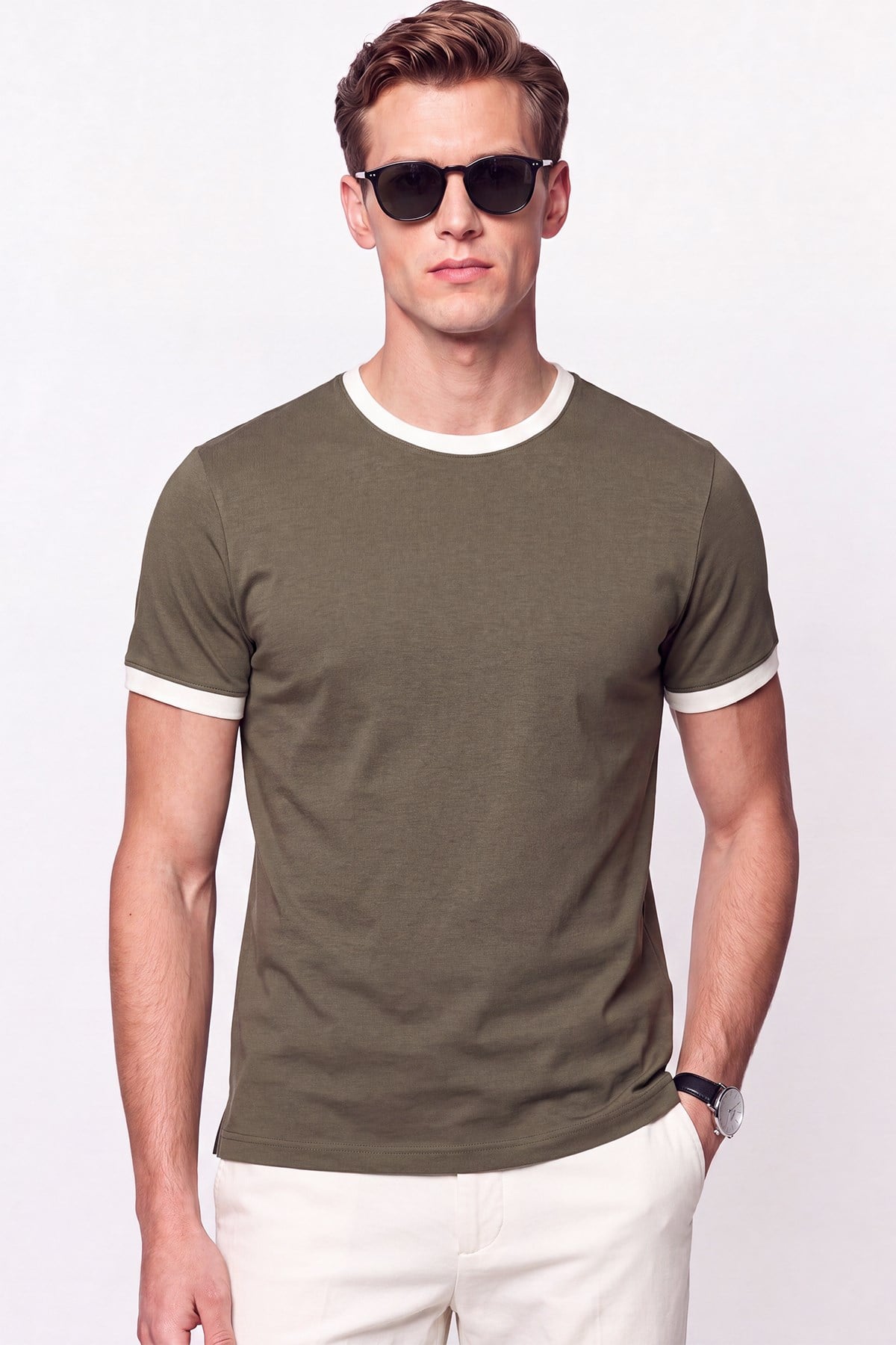 Slim Bisiklet Yaka Düz  HAKİ-EKRU  TS 932  T-SHIRT