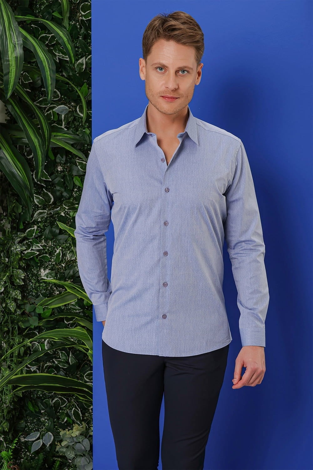 Slim Fit %100 Pamuk Armürlü Pamuklu Uzun Kollu Mavi Gömlek GK 679