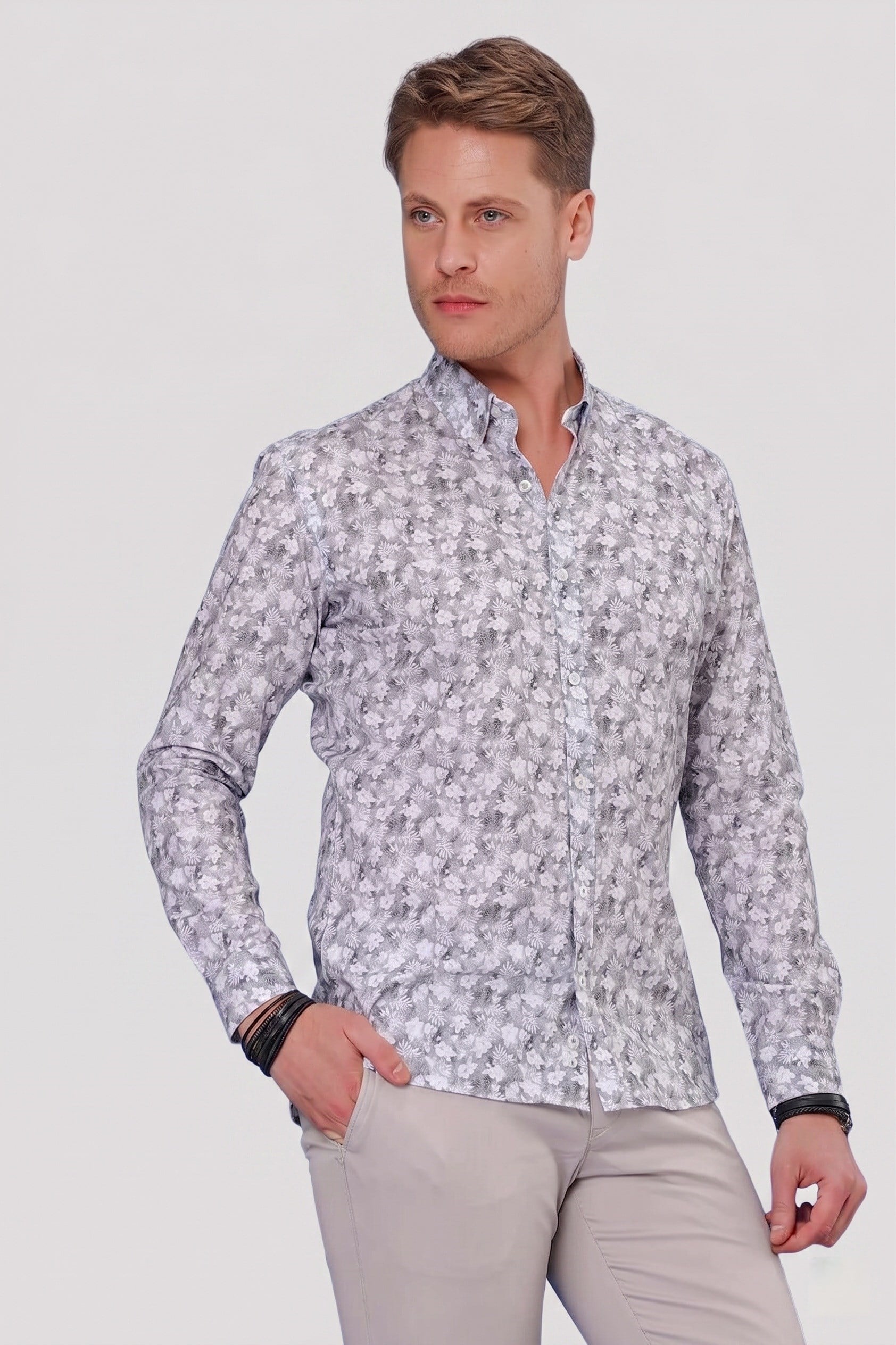 Slim Fit %100 Pamuk Çiçek Desenli Düğmeli Yaka Gri Gömlek G 1542