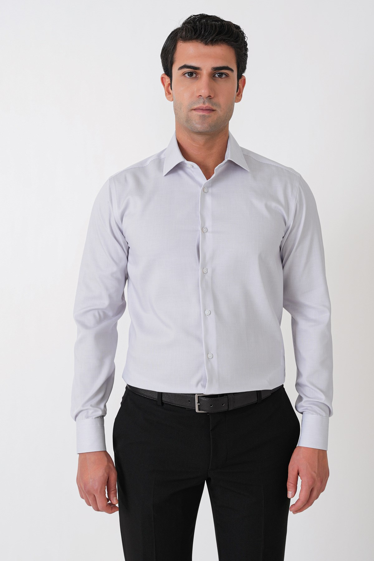 Slim Fit %100 Pamuk Çizgili Gri Gömlek GK 764