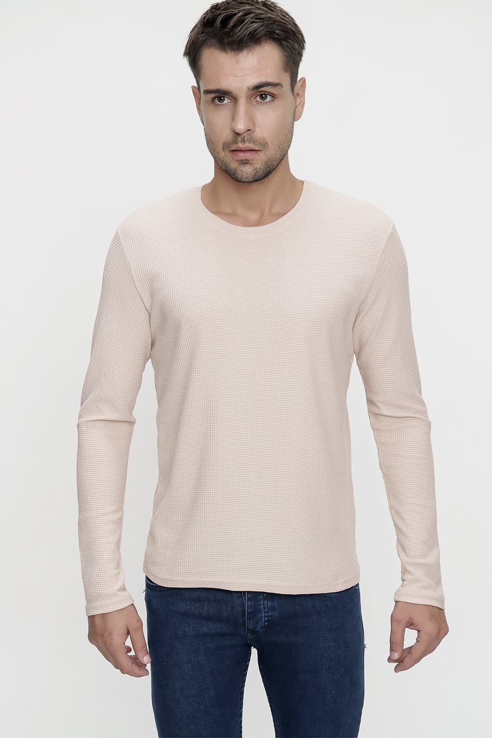 Slim Fit %100 Pamuk Doku Desenli Bisiklet Yaka Uzun Kollu Bej Tişört TS 818
