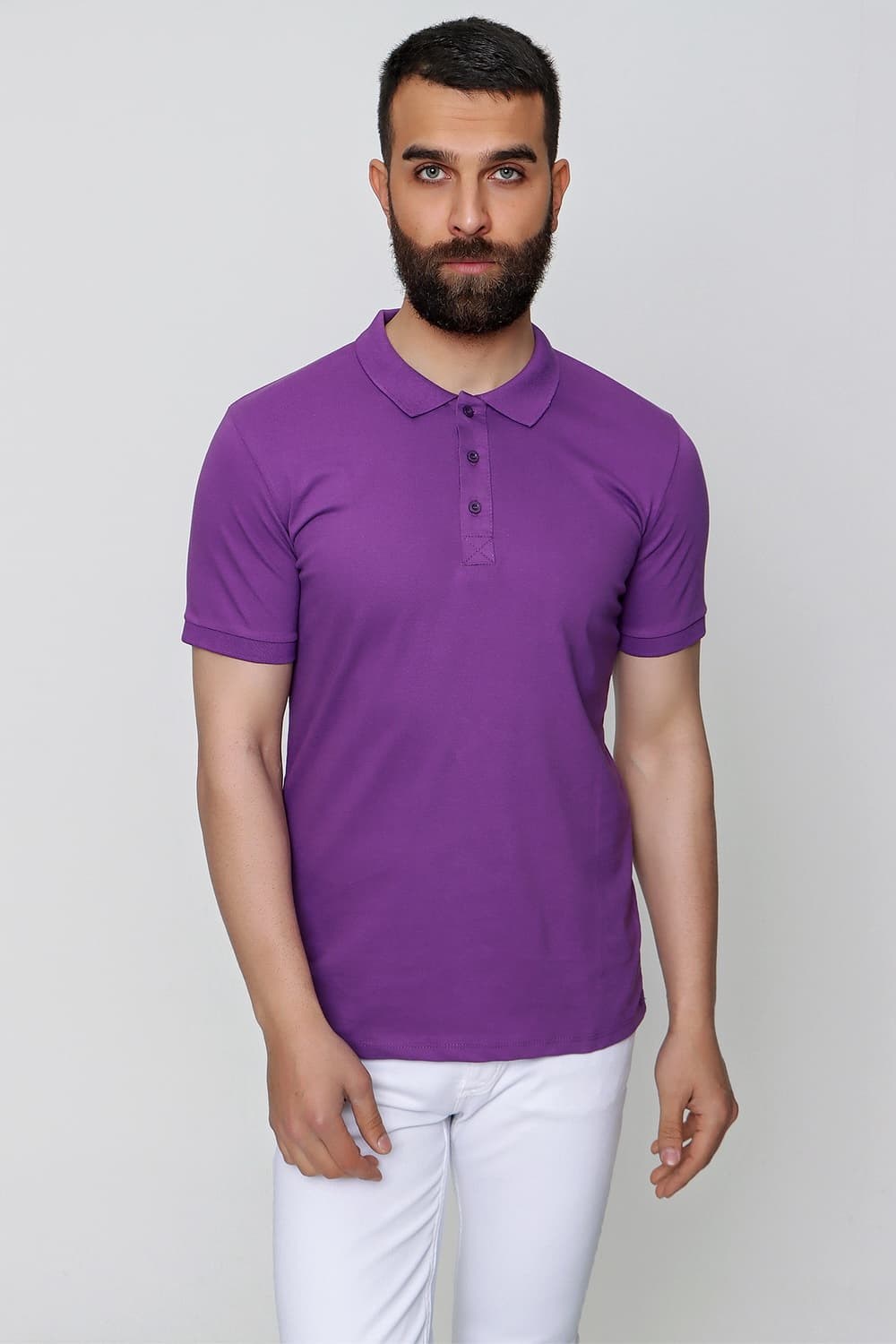 Slim Fit %100 Pamuk Düğmeli Mor Polo Yaka Tişört Ts 829