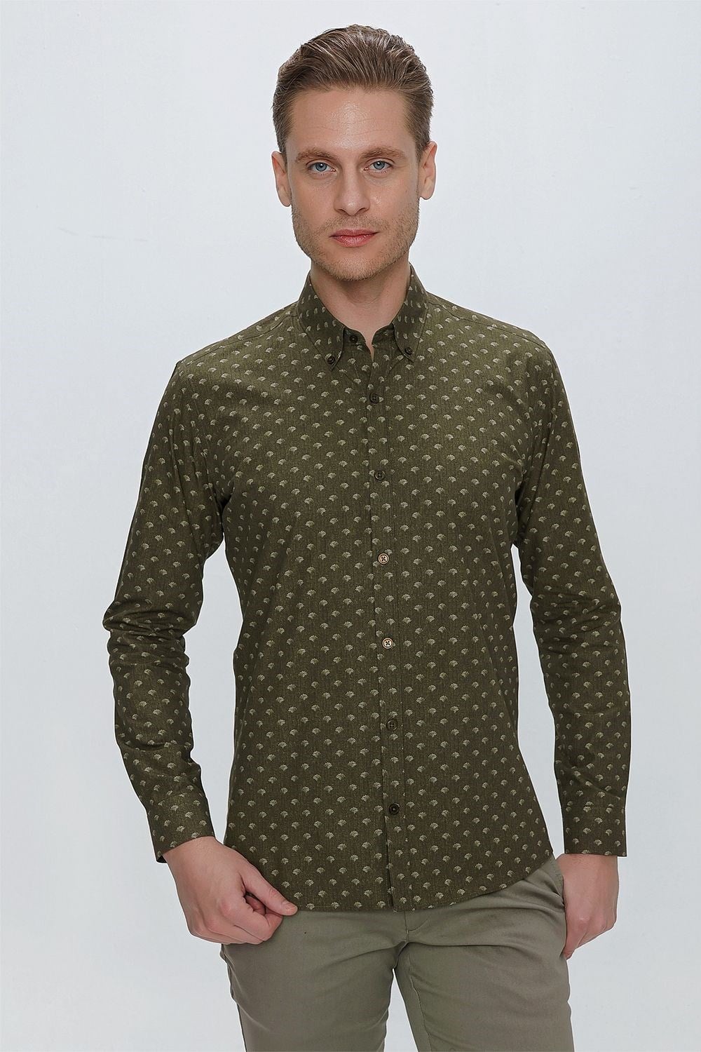 Slim Fit %100 Pamuk Düğmeli Yaka Desenli Haki Gömlek G 1518