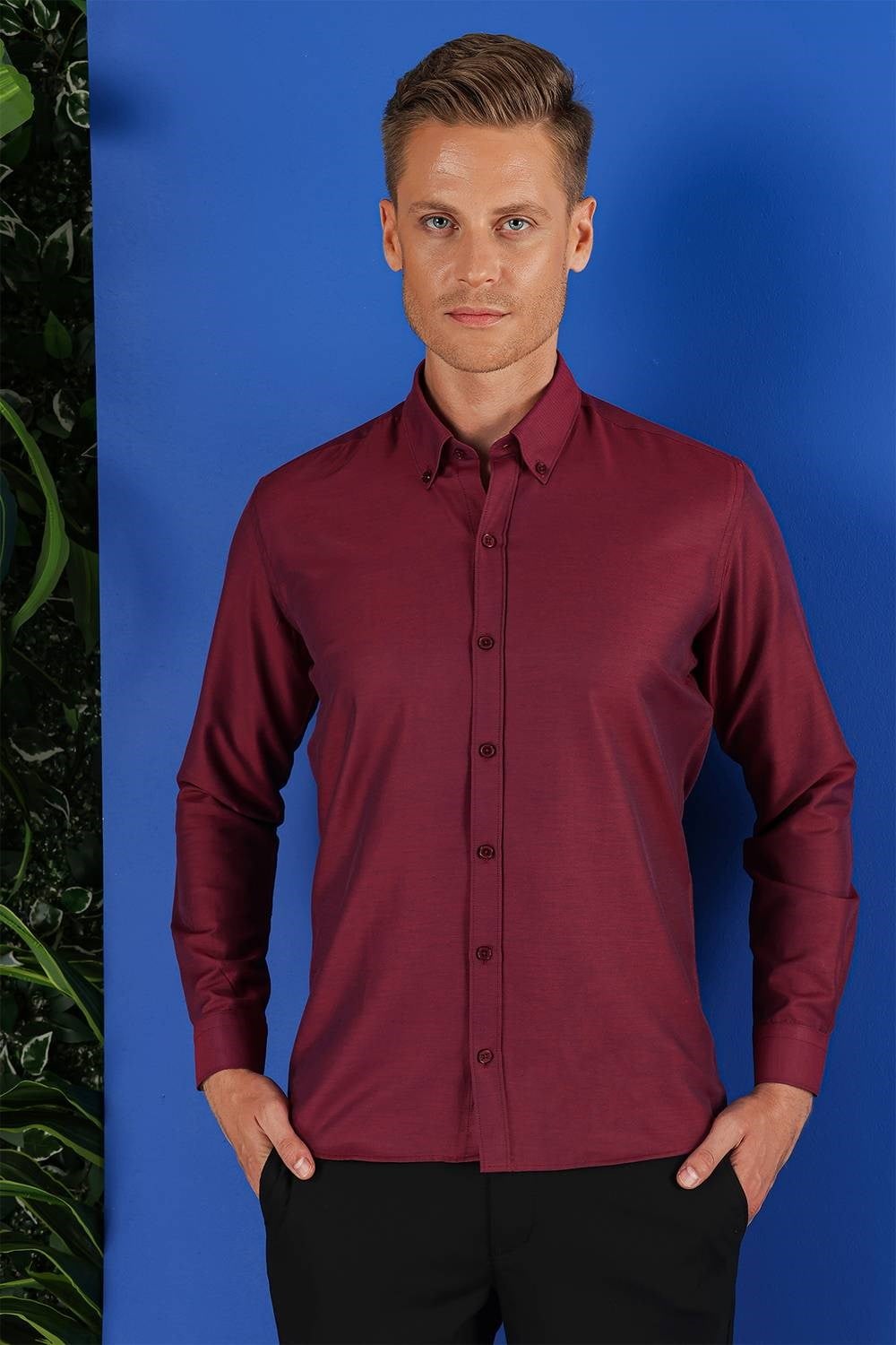 Slim Fit %100 Pamuk Düğmeli Yaka Oxfort Bordo Gömlek GK 685