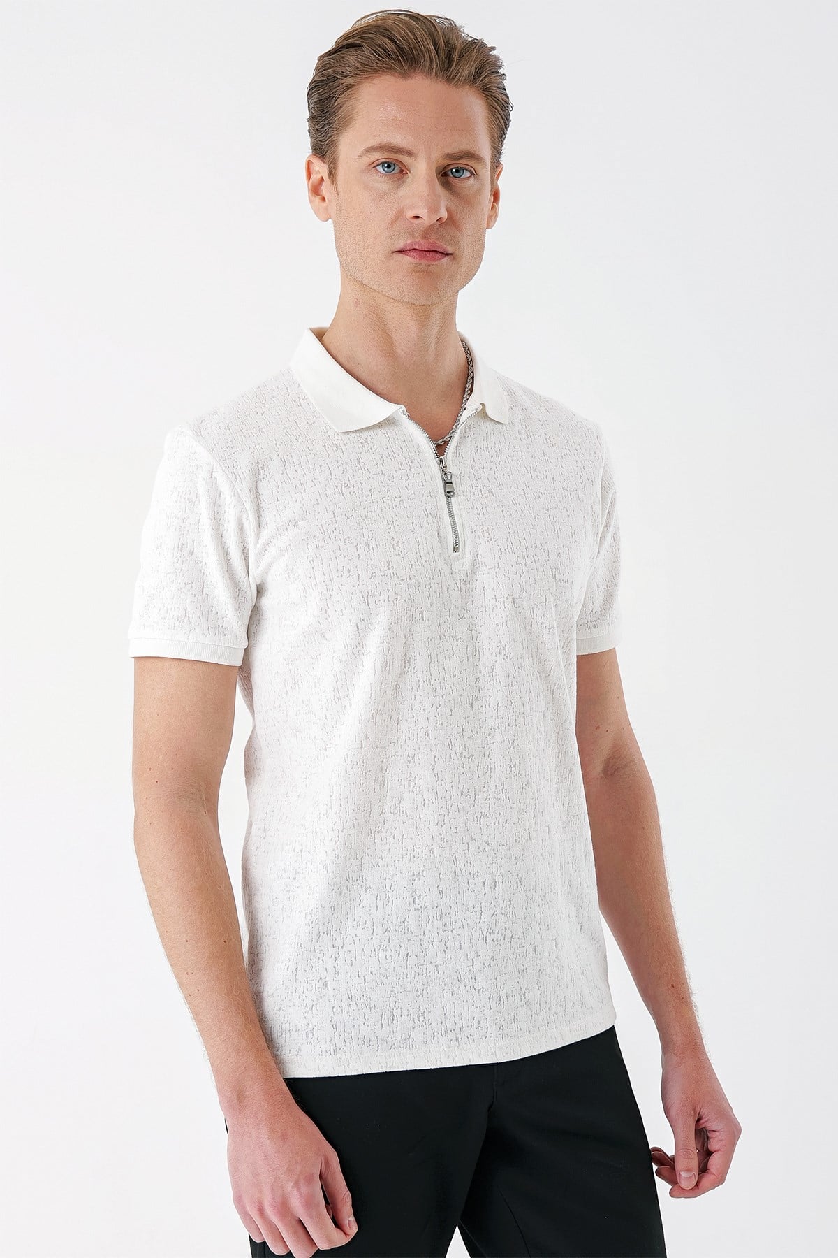 Slim Fit %100 Pamuk Fermuarlı Polo Yaka Ekru Tişört TS 877