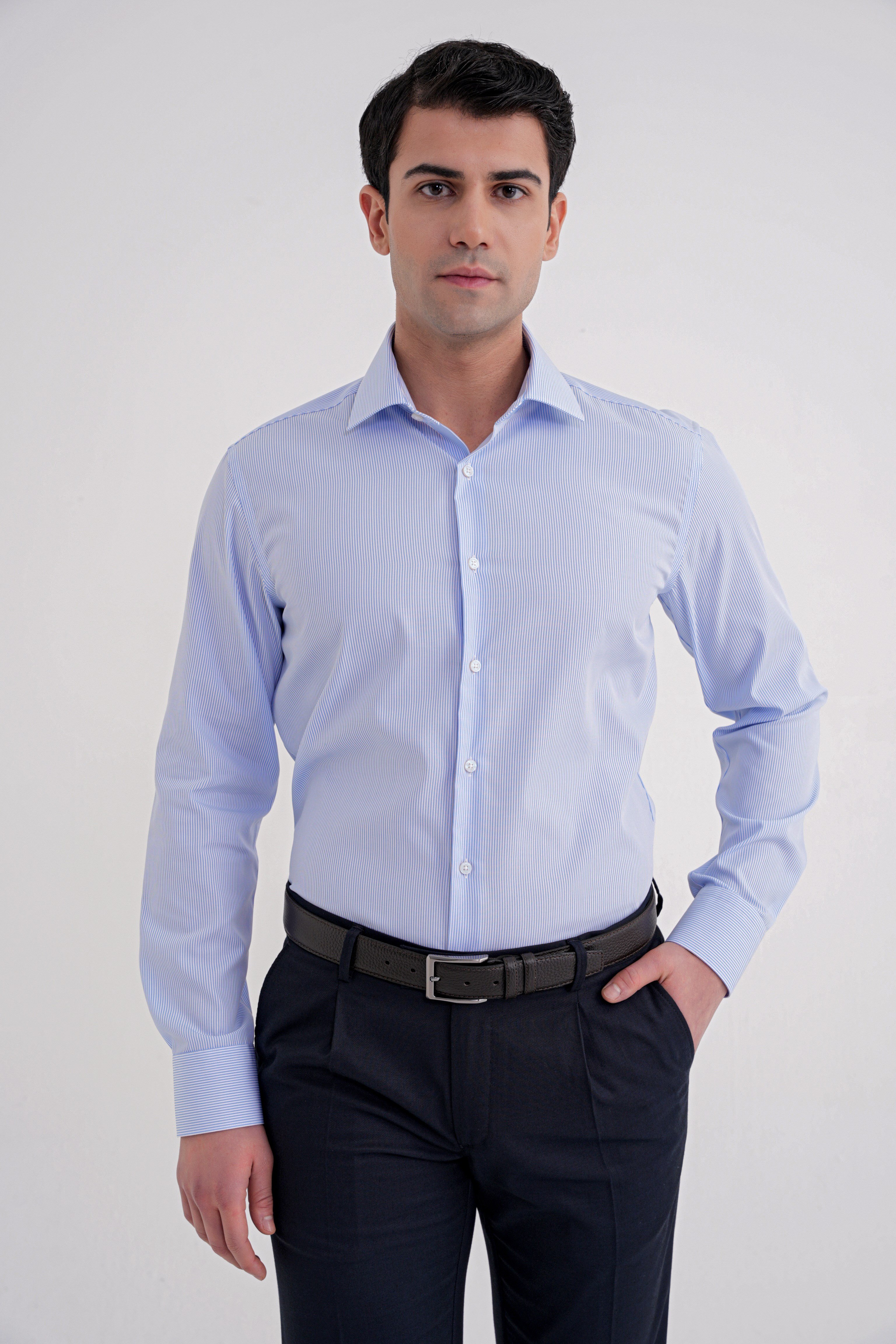 Slim Fit %100 Pamuk İtalyan Yaka Çizgili Açık Mavi Gömlek GK 751