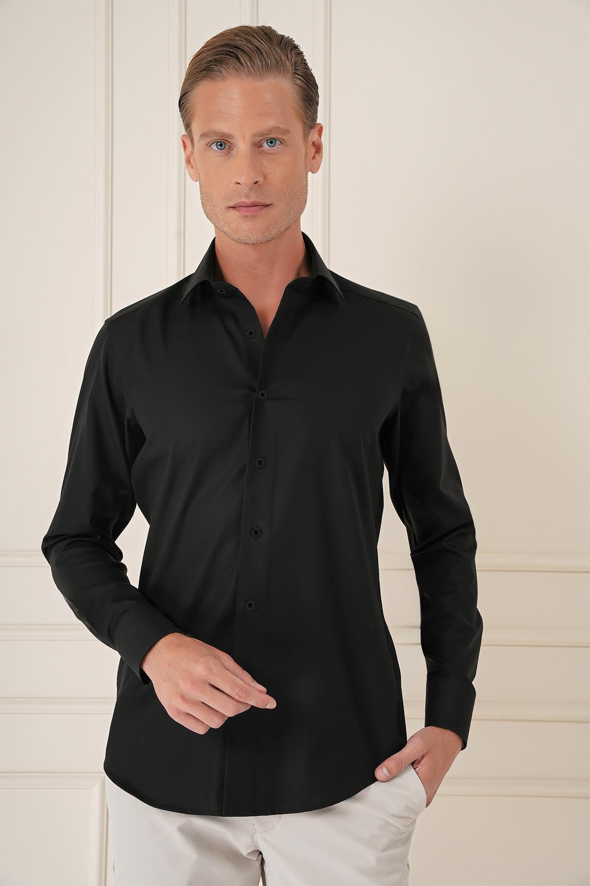 Slim Fit %100 Pamuk Non Iron Kumaş Klasik Siyah Gömlek  Gk 735