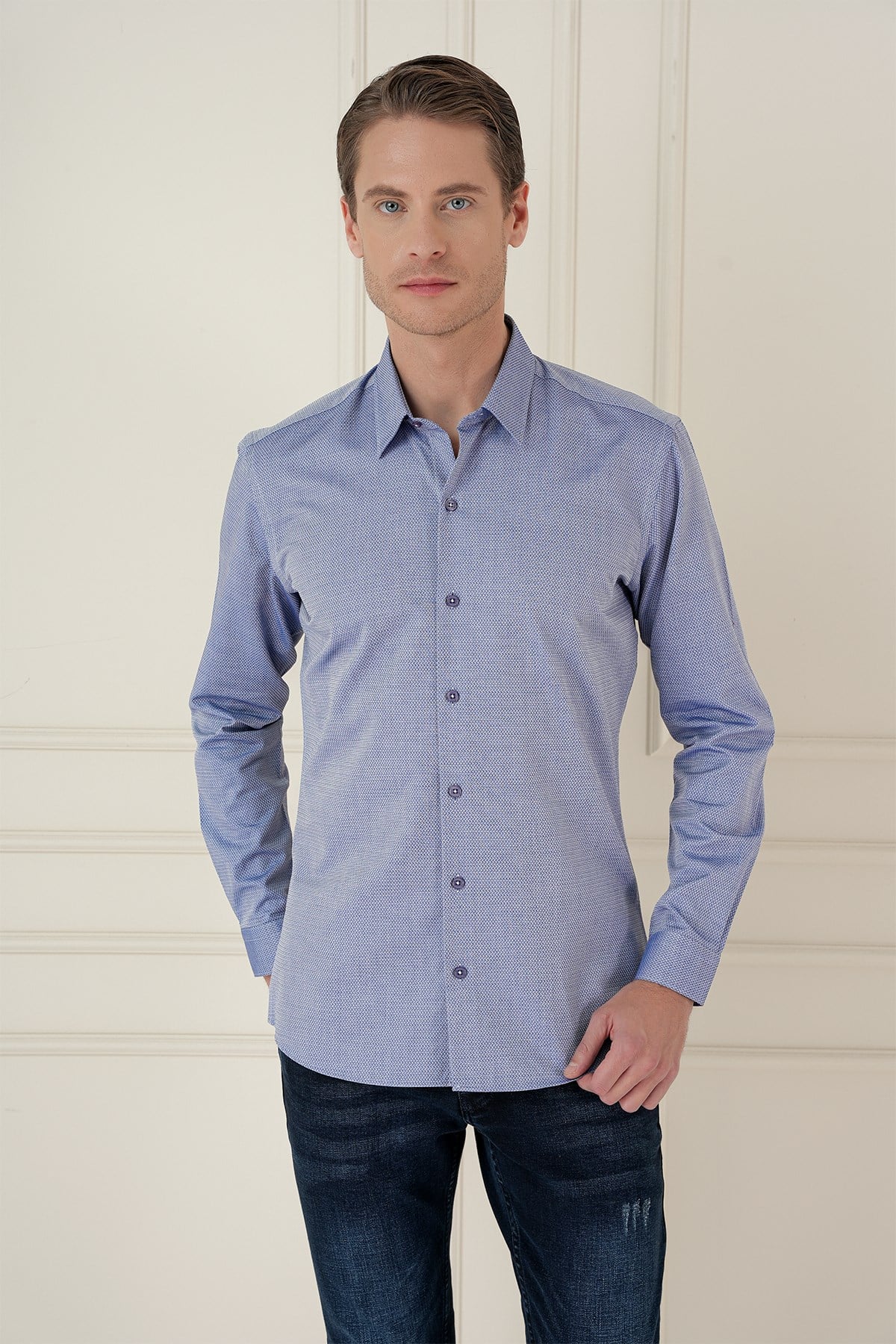 Slim Fit %100 Pamuk Uzun Kol Dokulu İndigo Gömlek  Gk 749