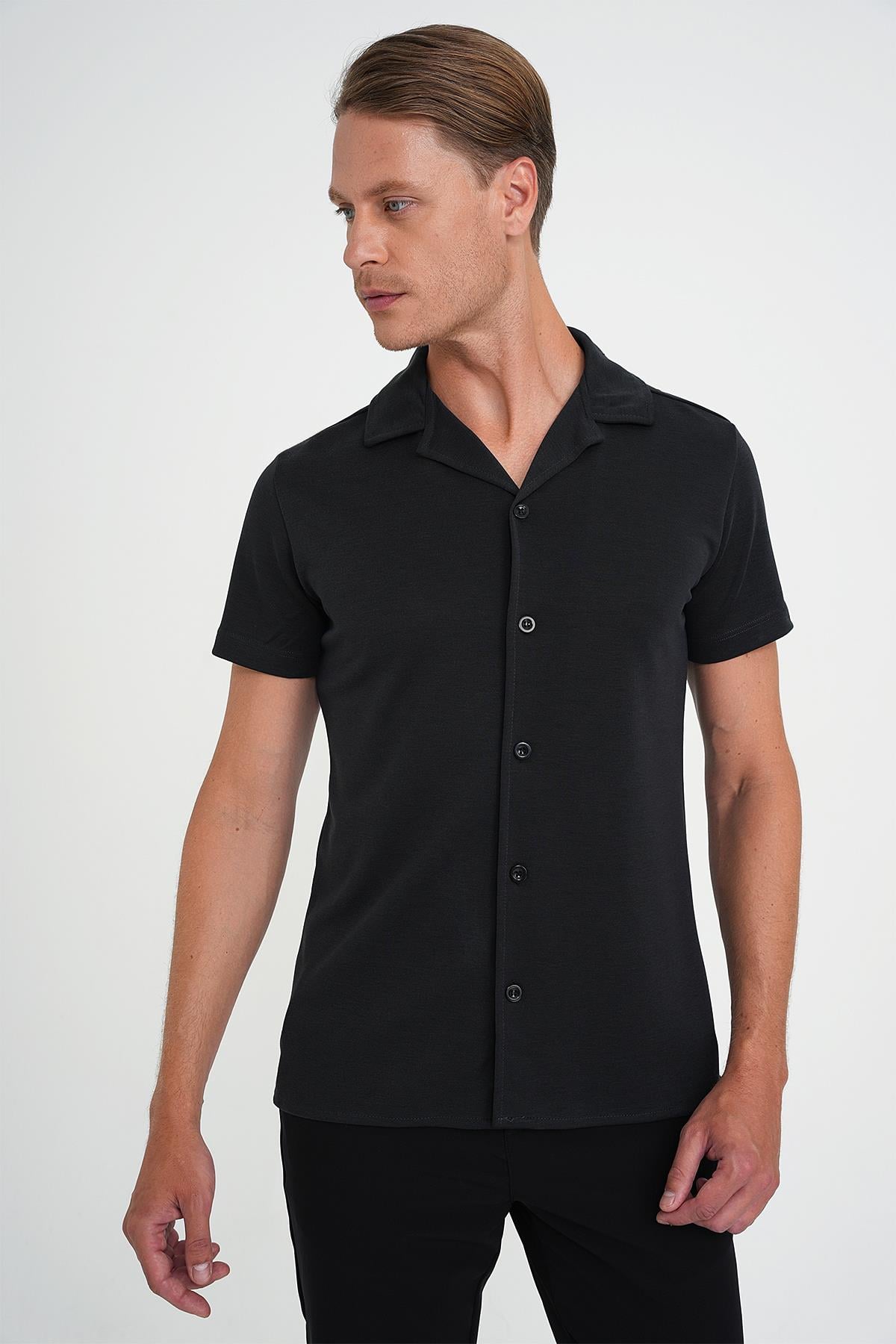 Slim Fit Apaş Yaka Modal Karışımlı Kısa Kol Siyah Gömlek G 1590