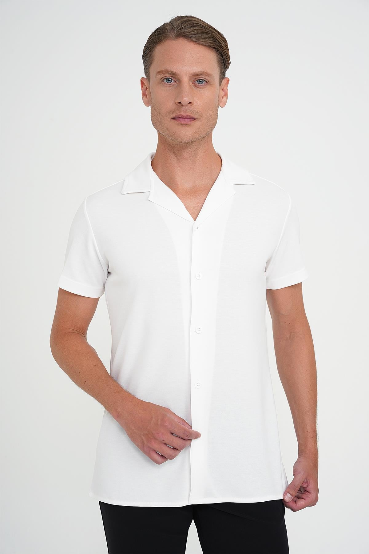 Slim Fit Apaş Yaka Modal Karışımlı Kısa Kol Beyaz Gömlek G 1590