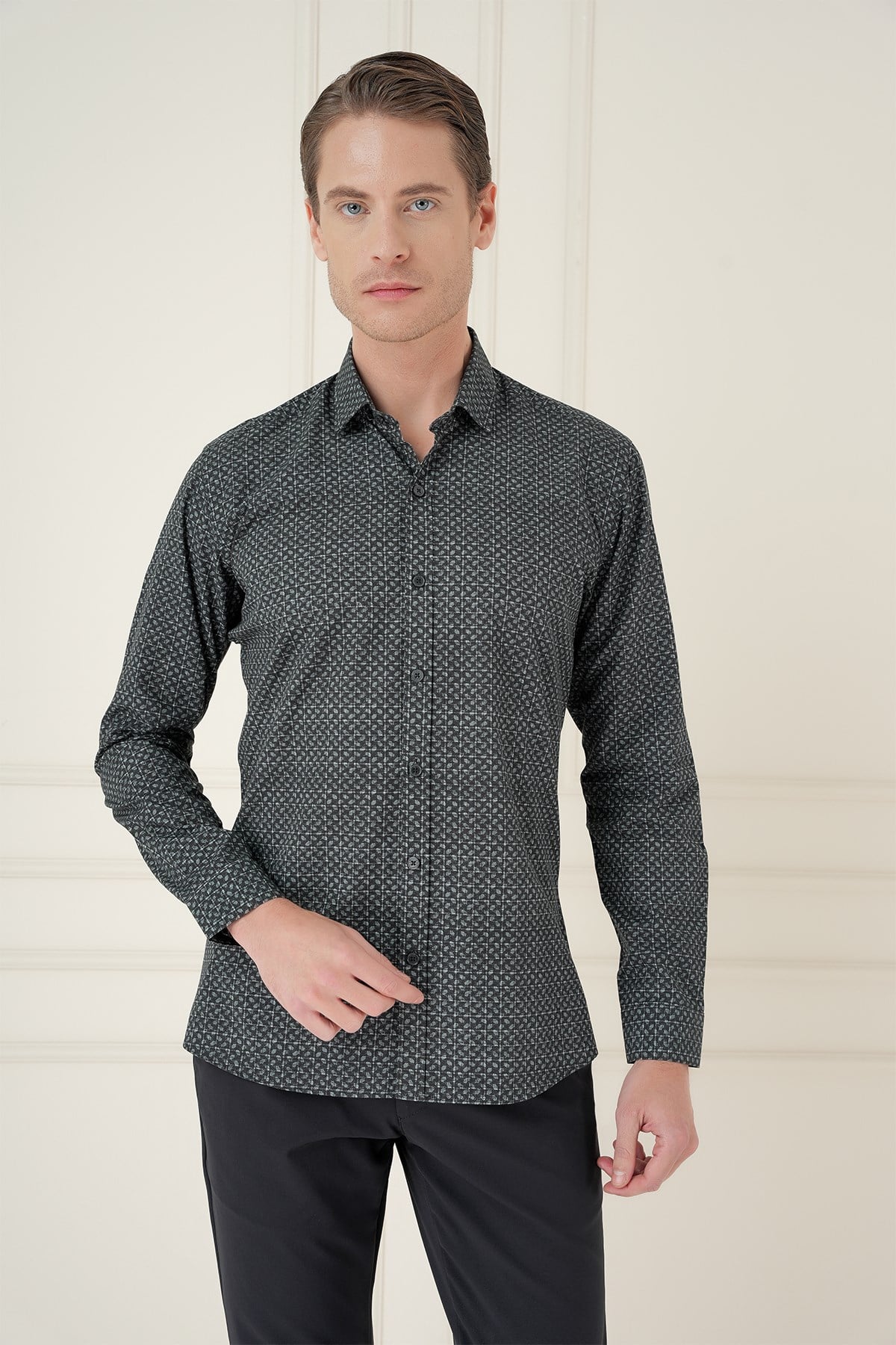Slim Fit Baskılı %100 Pamuk Spor Lacivert Gömlek  G 1588