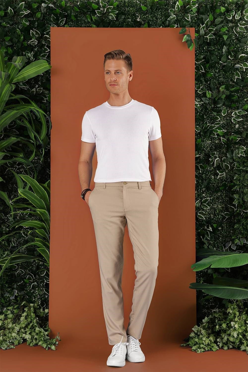 Slim Fit Beli Lastikli Esnek Pamuk Bej Pantolon P 1118