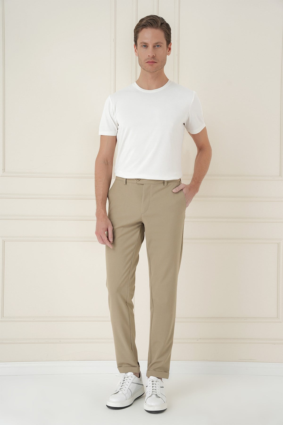 Slim Fit Beli Lastikli Esnek Pamuklu Bej Pantolon P 1171
