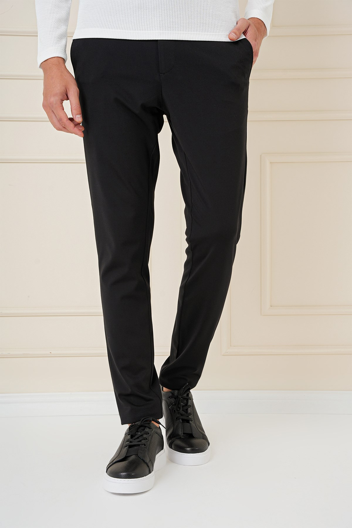 Slim Fit Beli Lastikli Esnek Pamuklu Siyah Pantolon P 1163