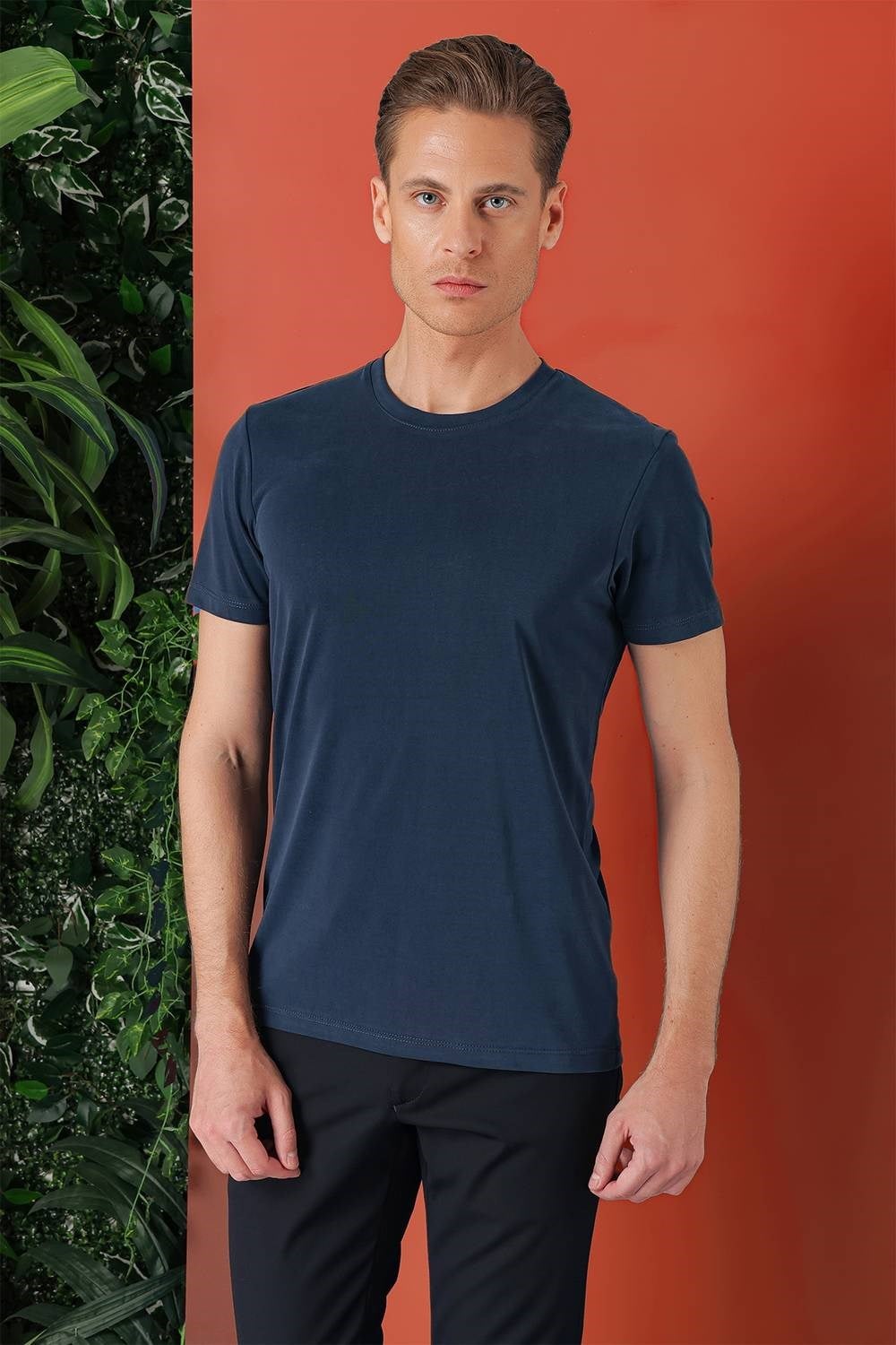 Slim Fit Bisiklet Yaka %100 Pamuk Lacivert Tişört Ts 878