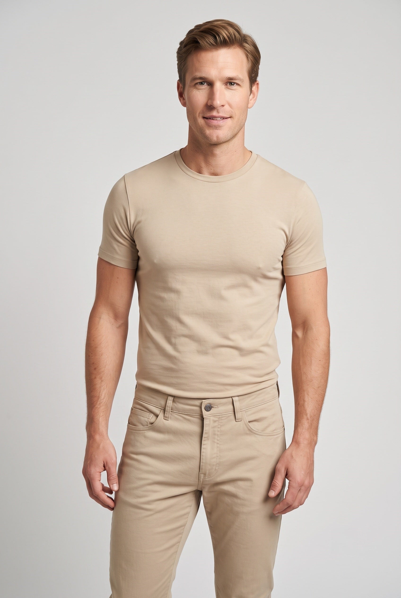 Slim Fit Bisiklet Yaka Esnek Pamuklu Düz Bej Tişört TS 823