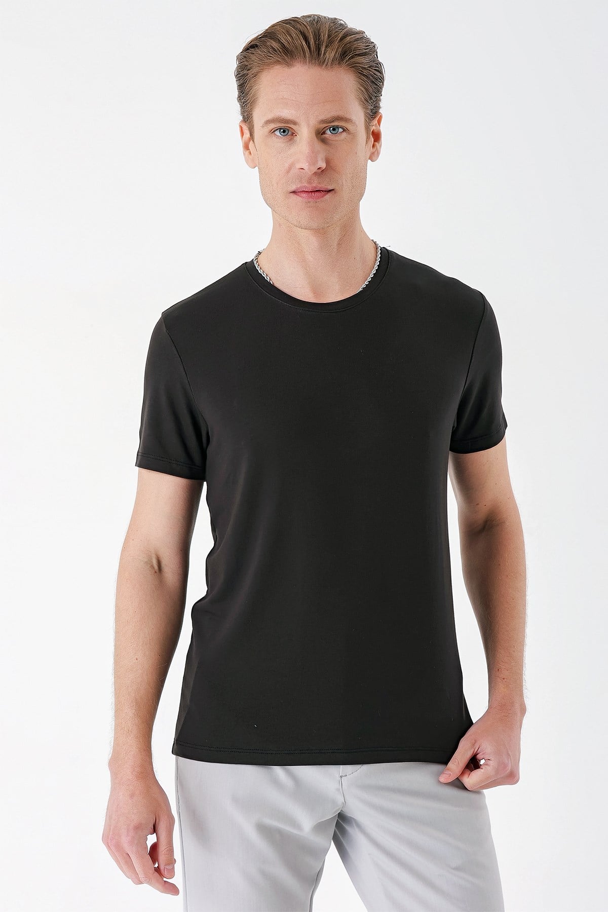 Slim Fit Bisiklet Yaka Esnek Pamuklu Düz Acı Kahve Tişört TS 823