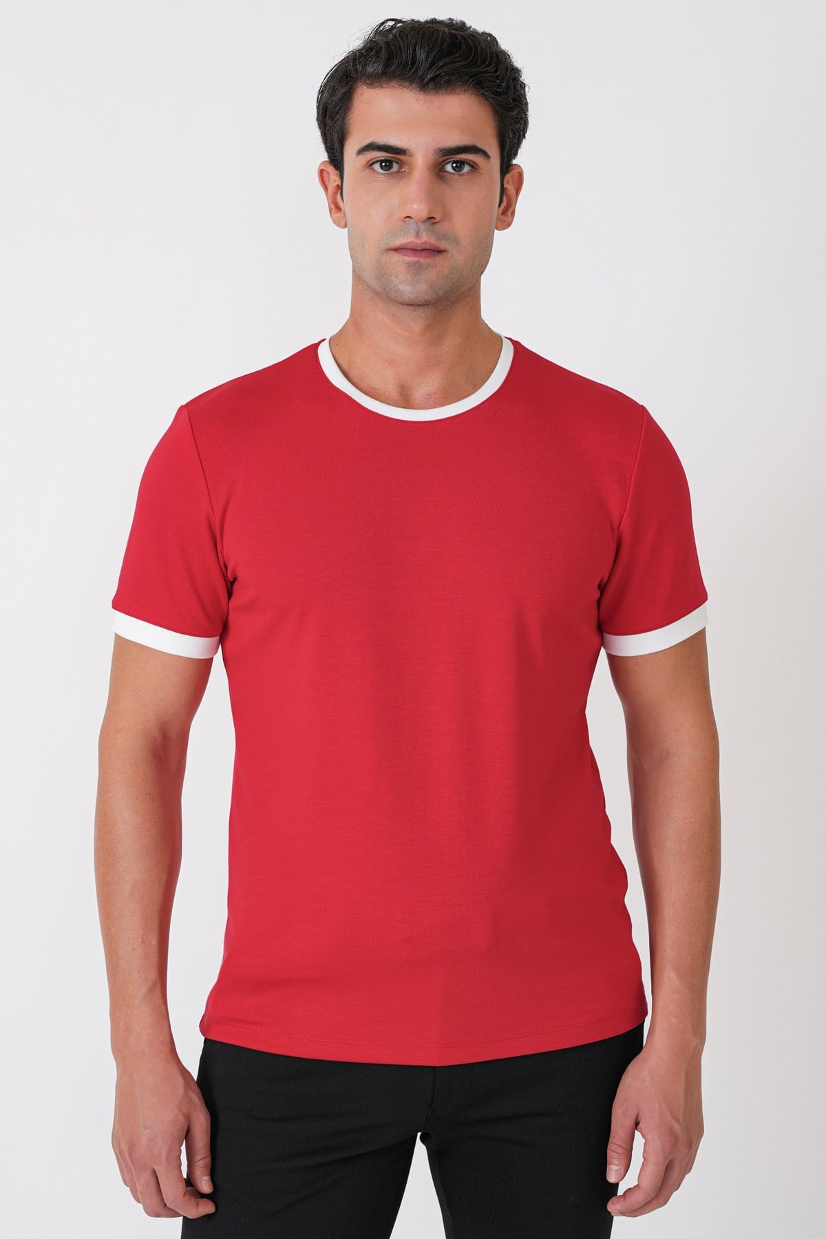 Slim Fit Bisiklet Yaka Kırmızı-Ekru Tişört TS 932