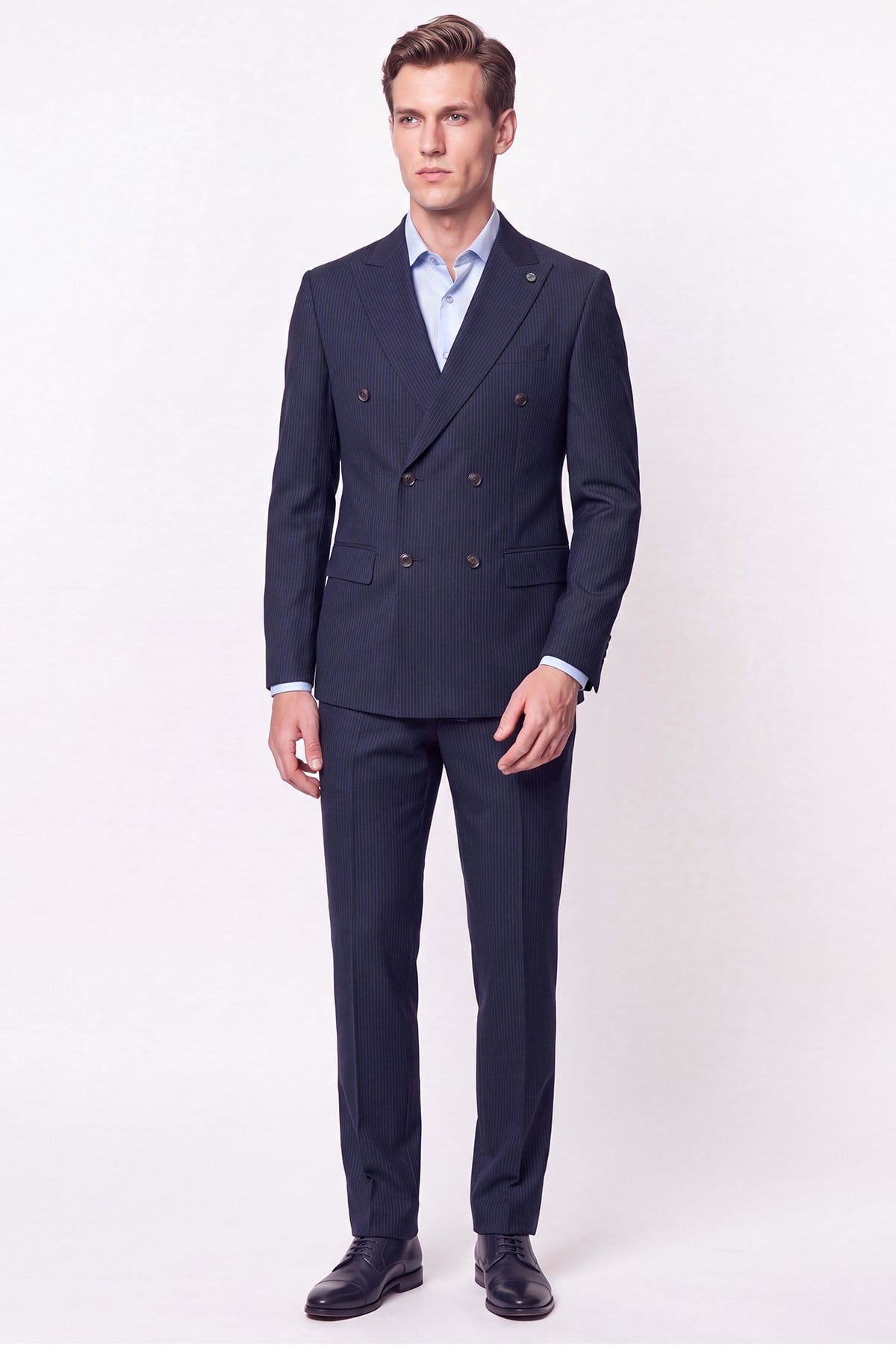 Slim Fit Çift Yırtmaç %95 Pamuk Sık Çizgili Lacivert Kruvaze Takım Elbise TK 944