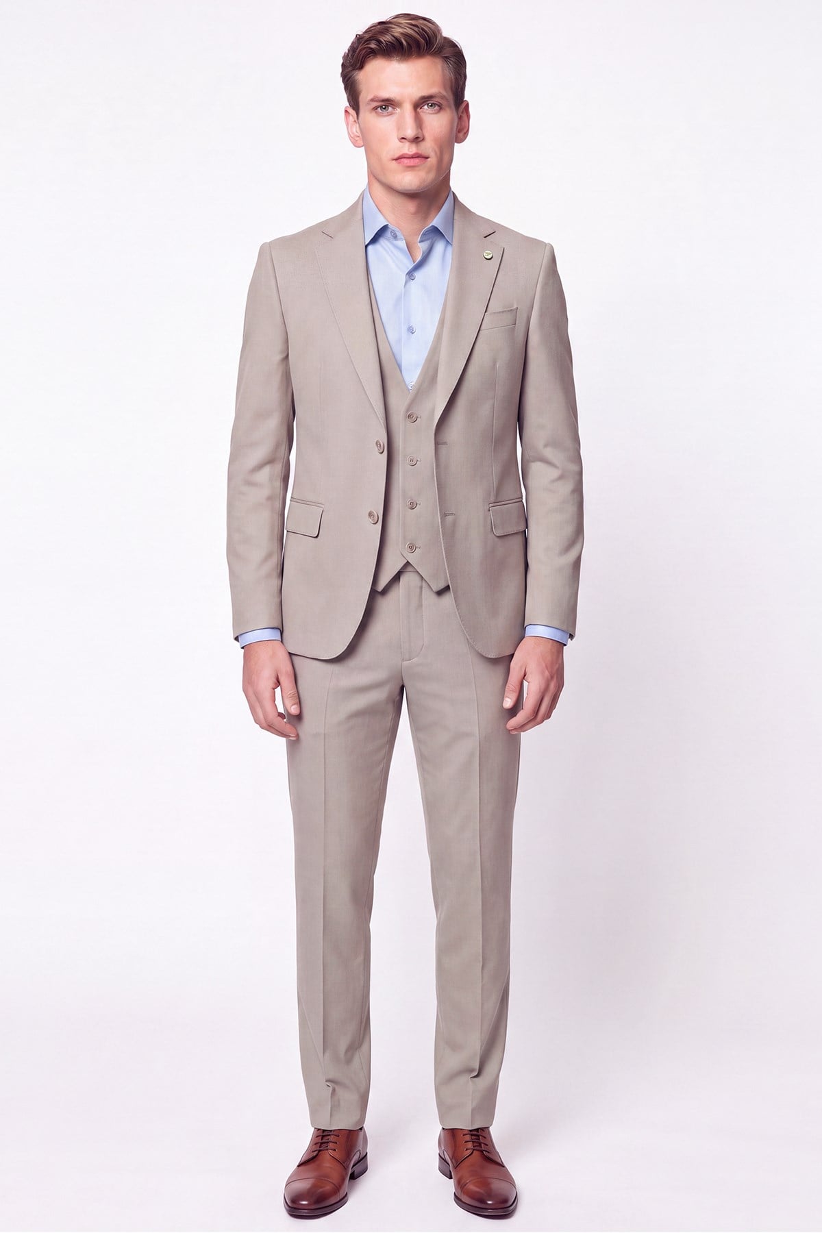 Slim Fit Çift Yırtmaç %97 Yünlü Doku Desenli Esnek Bej Yelekli Takım Elbise TK 927