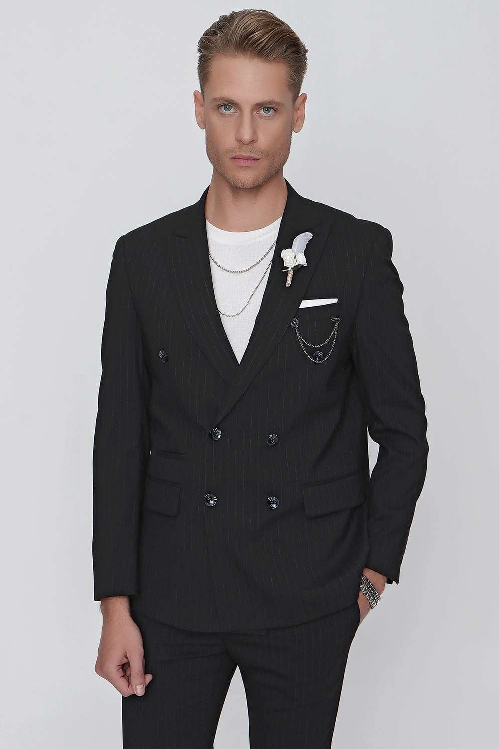 Slim Fit Çift Yırtmaç Çizgili Esnek Siyah Kruvaze Ceket C 622