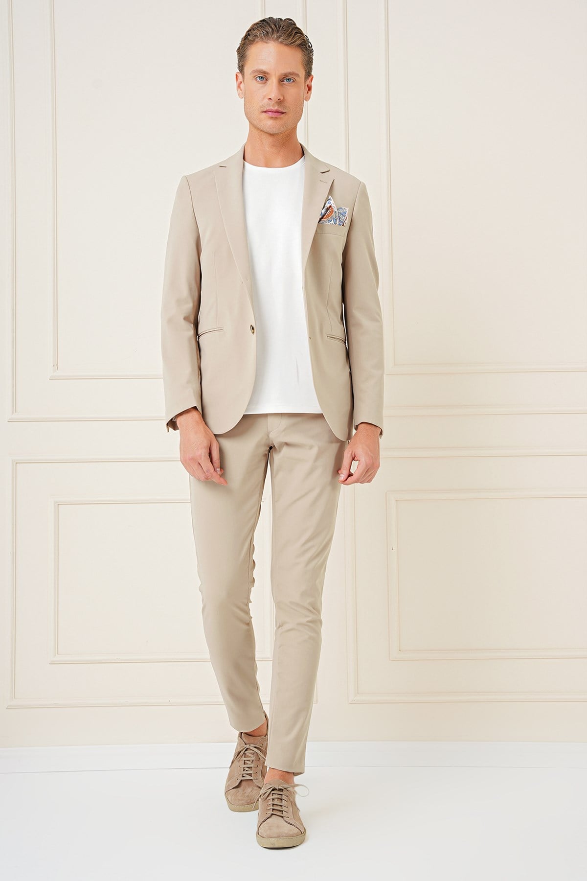 Slim Fit Çift Yırtmaç Çok Esnek Pamuklu Düz Bej Ceket C 680