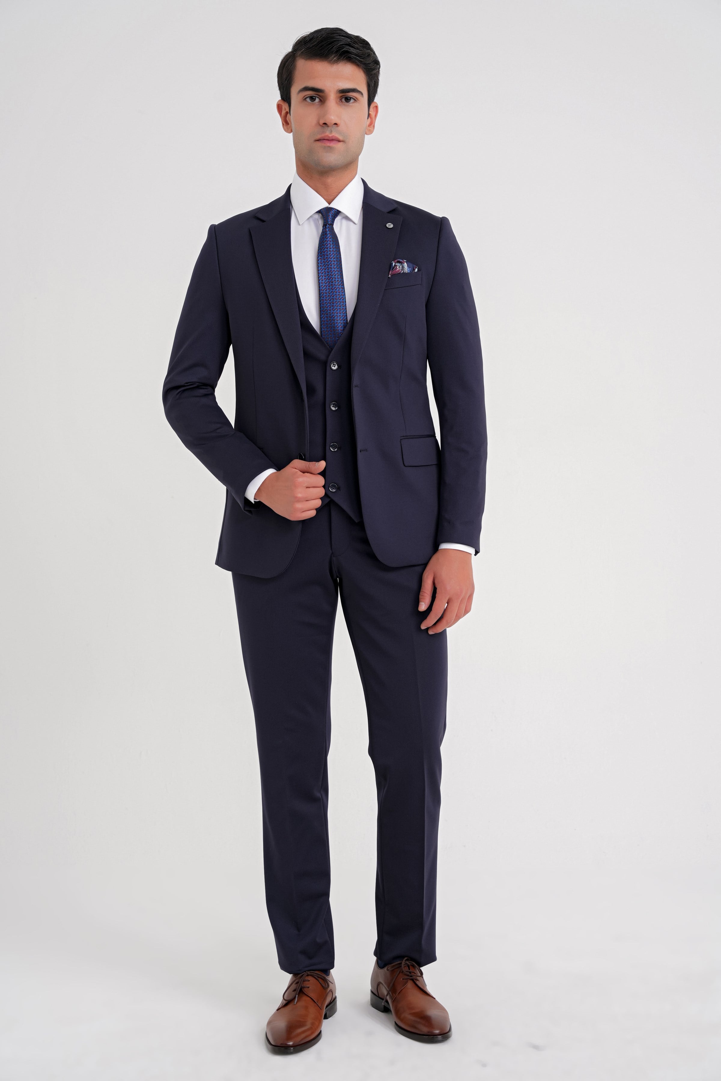 Slim Fit Çift Yırtmaç Doku Desenli Esnek Lacivert Yelekli Takım Elbise TK 927