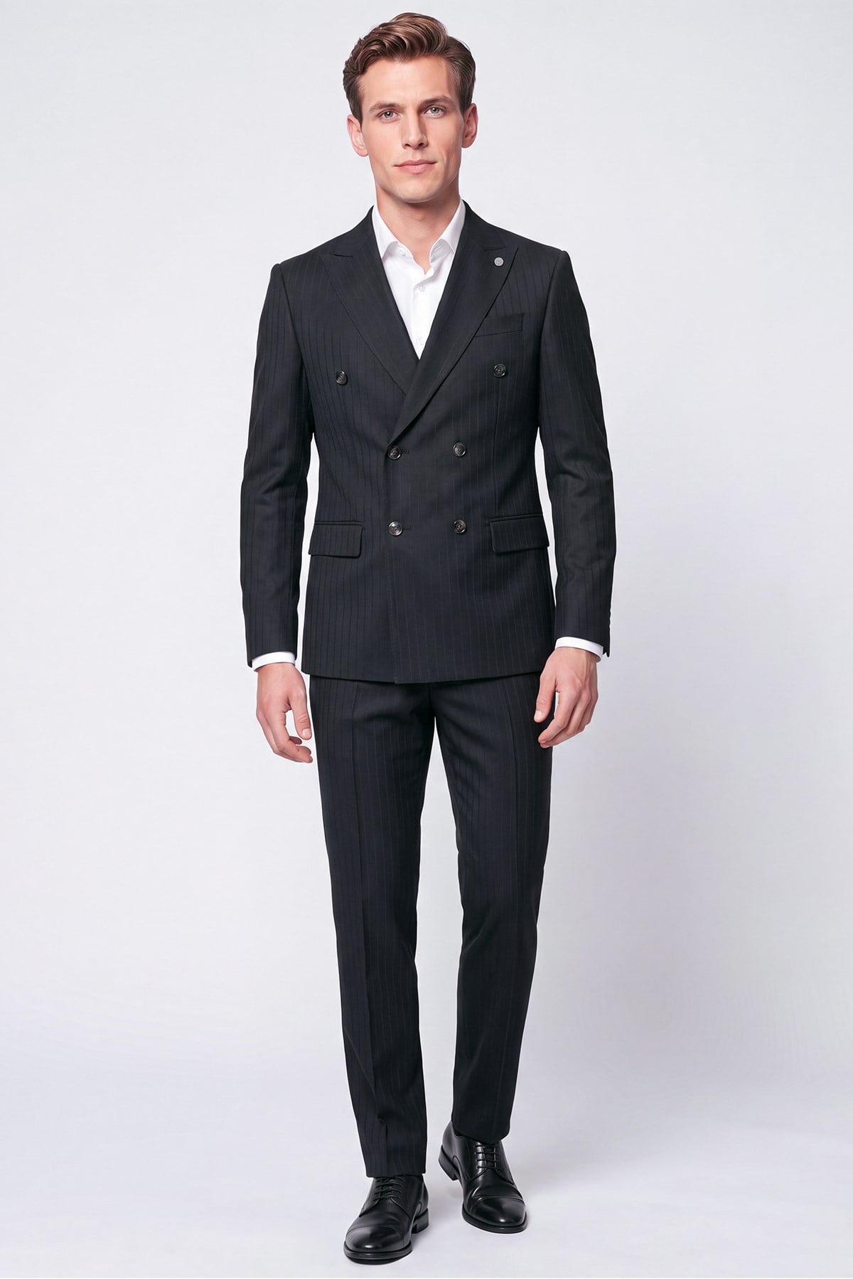 Slim Fit Çift Yırtmaç Esnek Silik Çizgili Siyah Kruvaze Takım Elbise TK 946